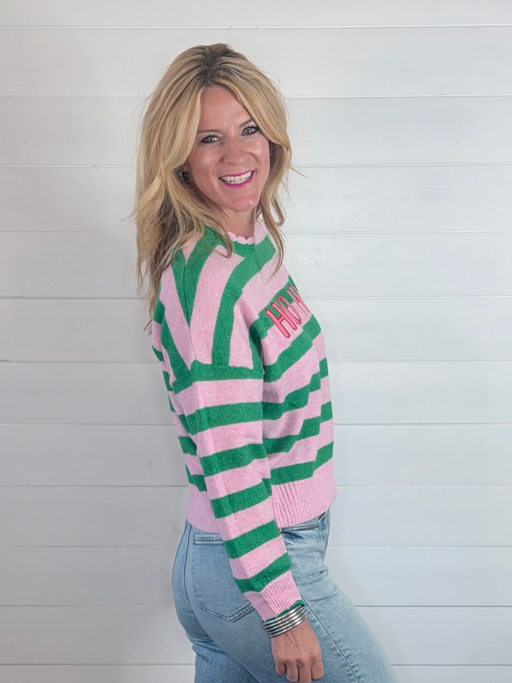 HO HO HO SCALLOPED TRIM SWEATER