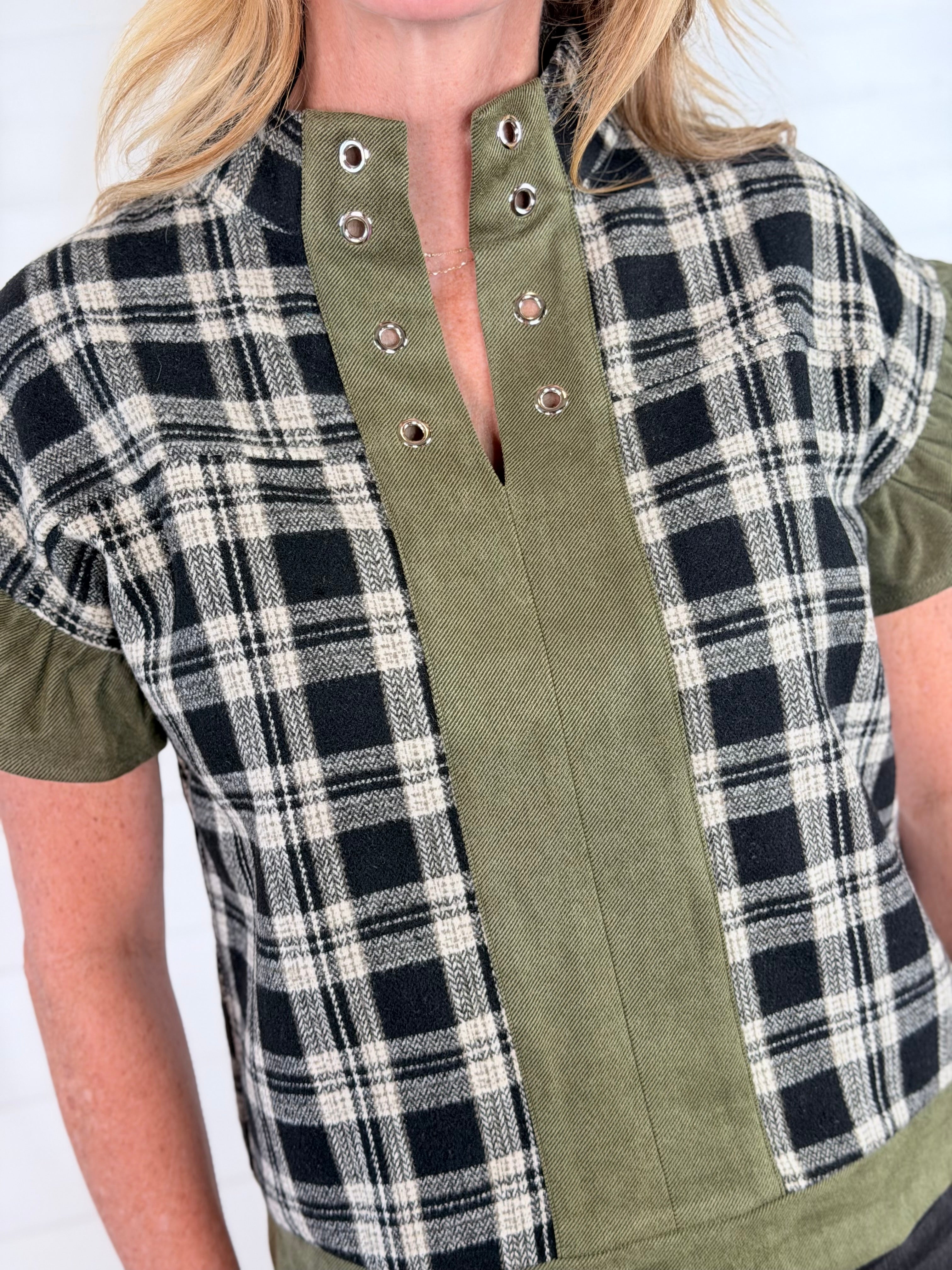 PERI PLAID TOP-OLIVE
