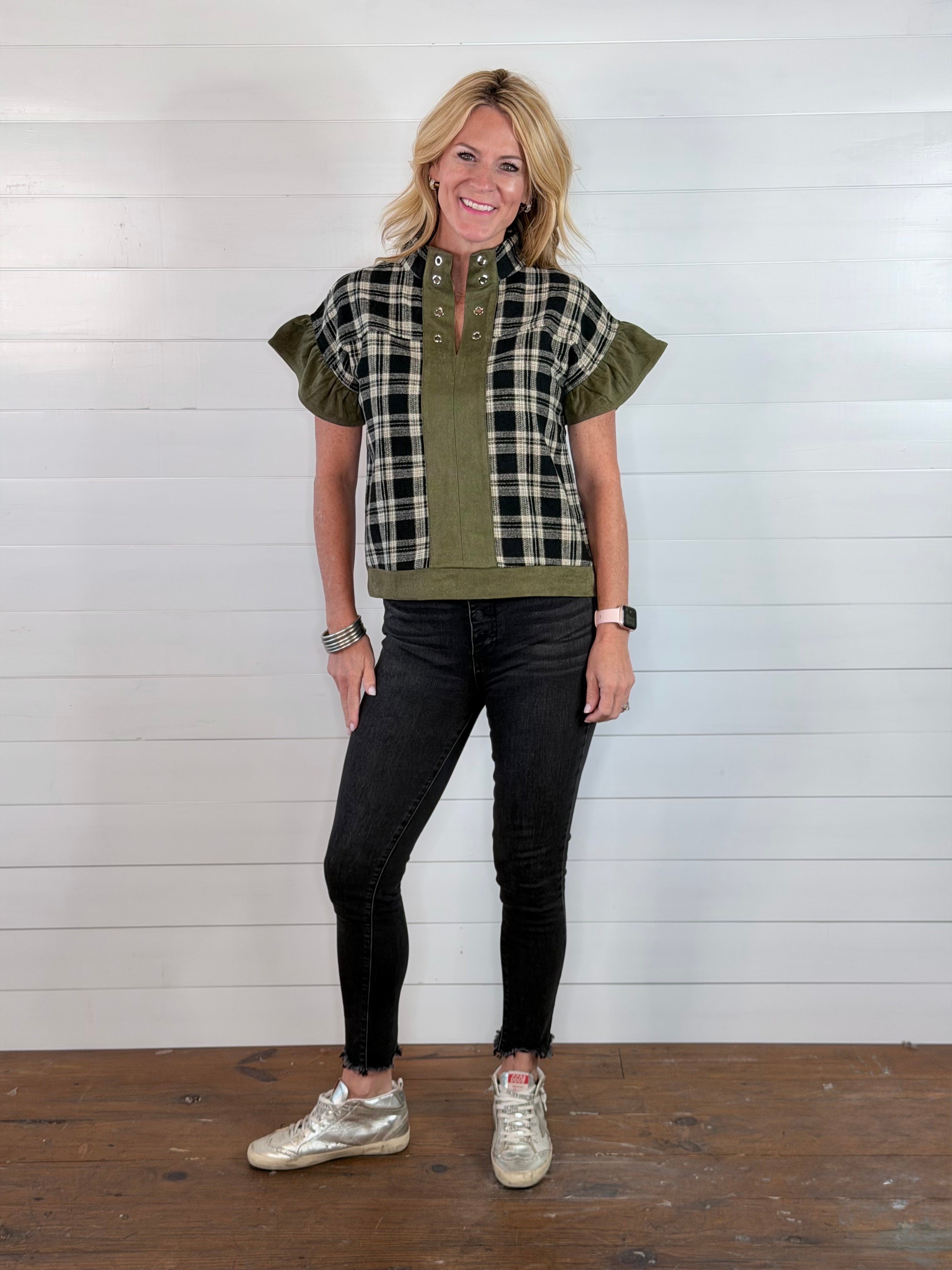 PERI PLAID TOP-OLIVE