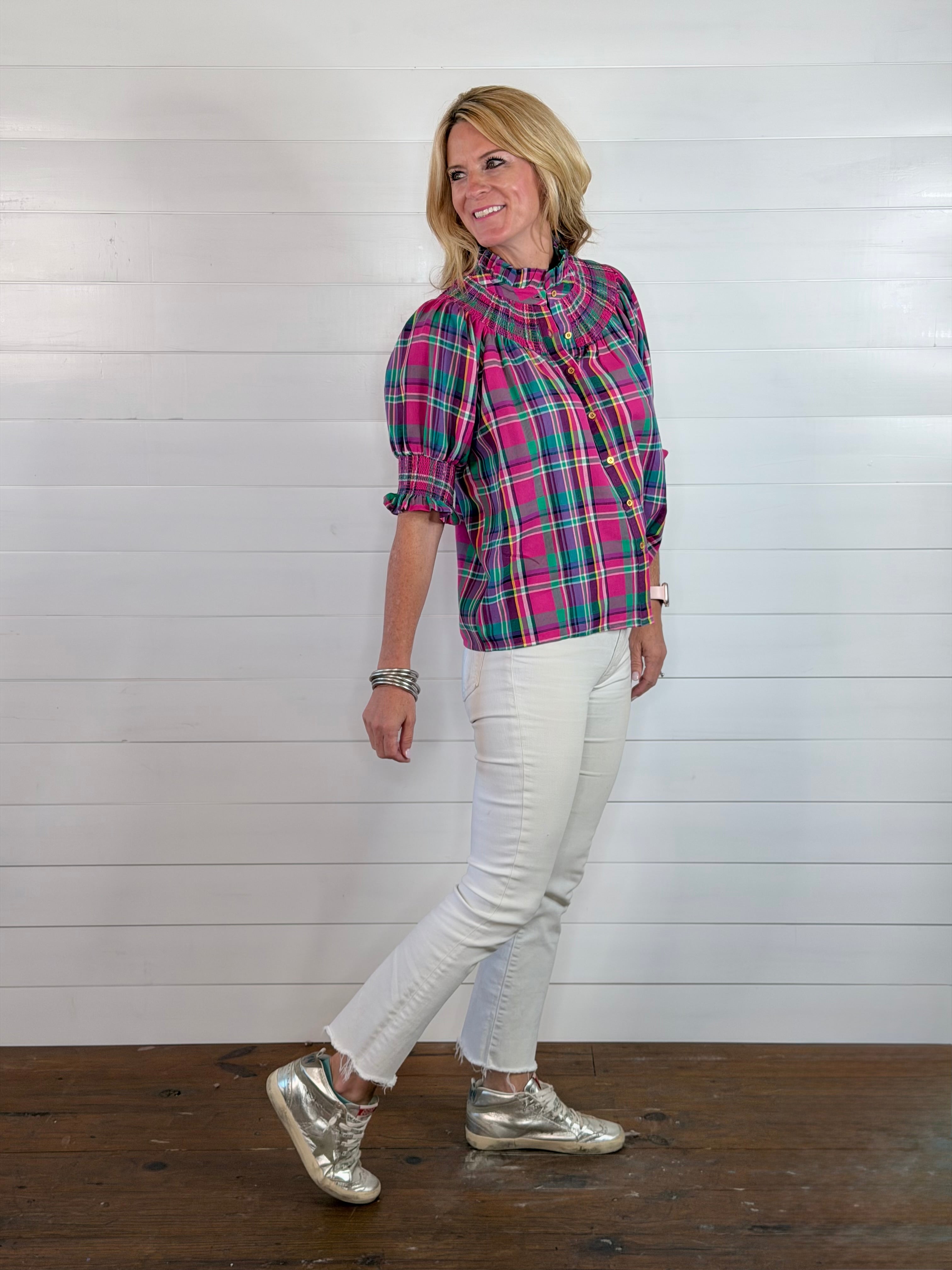 PLAID SMOCKED YOKE BLOUSE