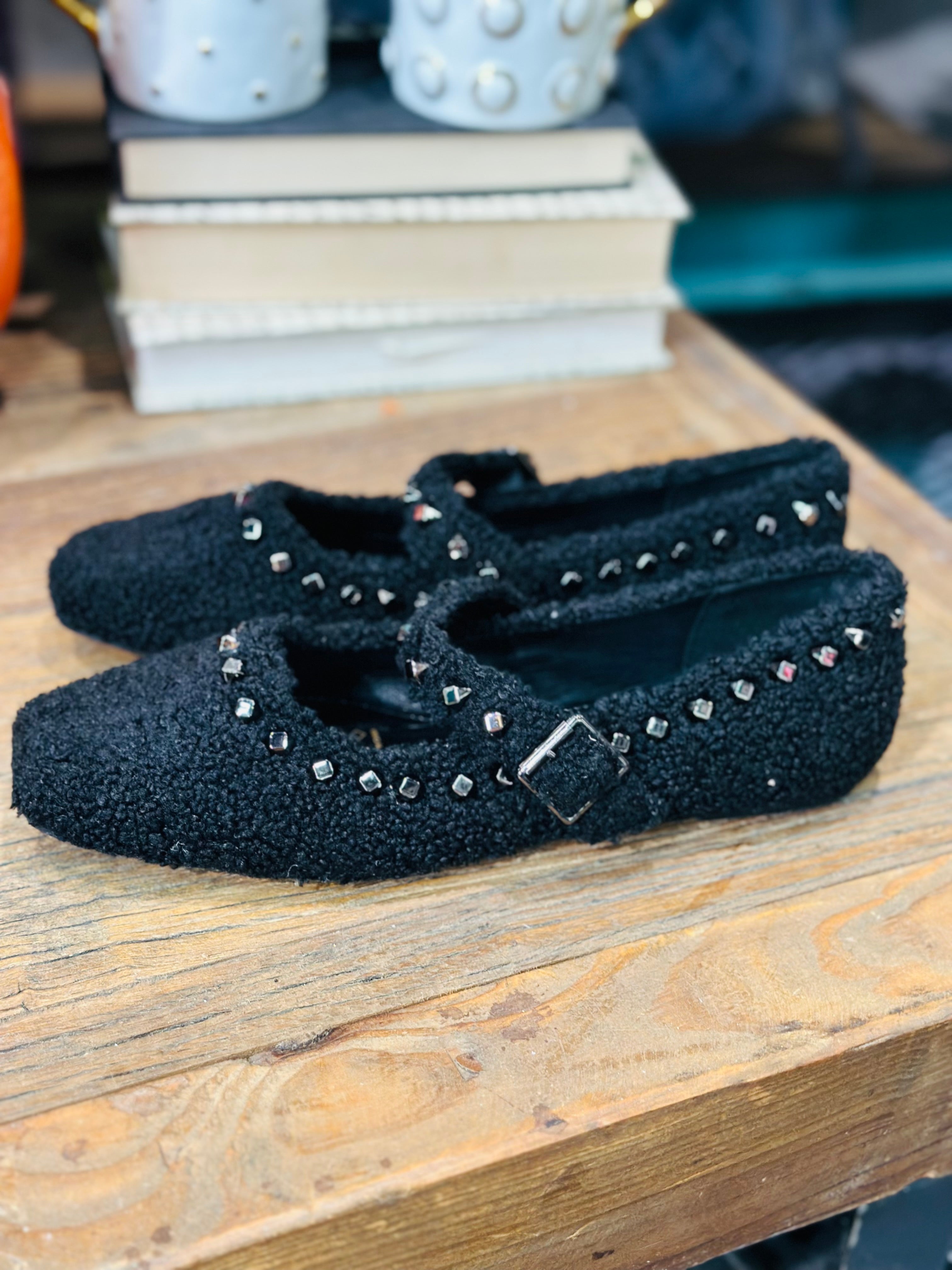 IMPRESS FLUFFY STUDDED MARY JANE FLATS-BLACK
