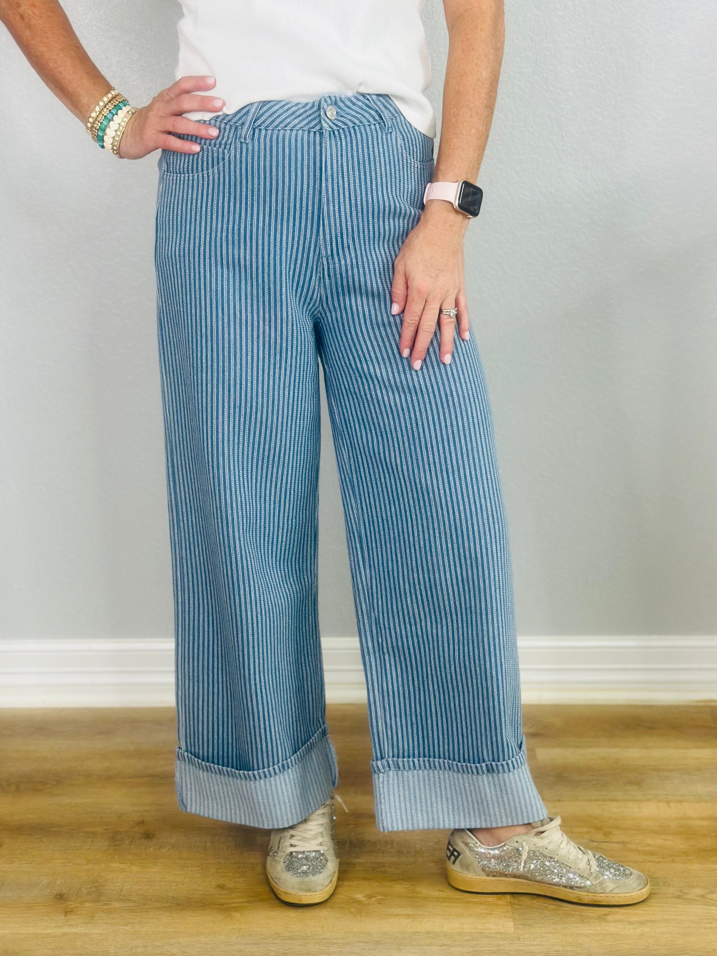 STRIPED AND CUFFED PANT-LT BLUE