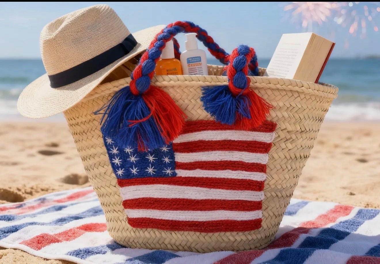 SMALL USA STRAW TOTE-LONG HANDLE