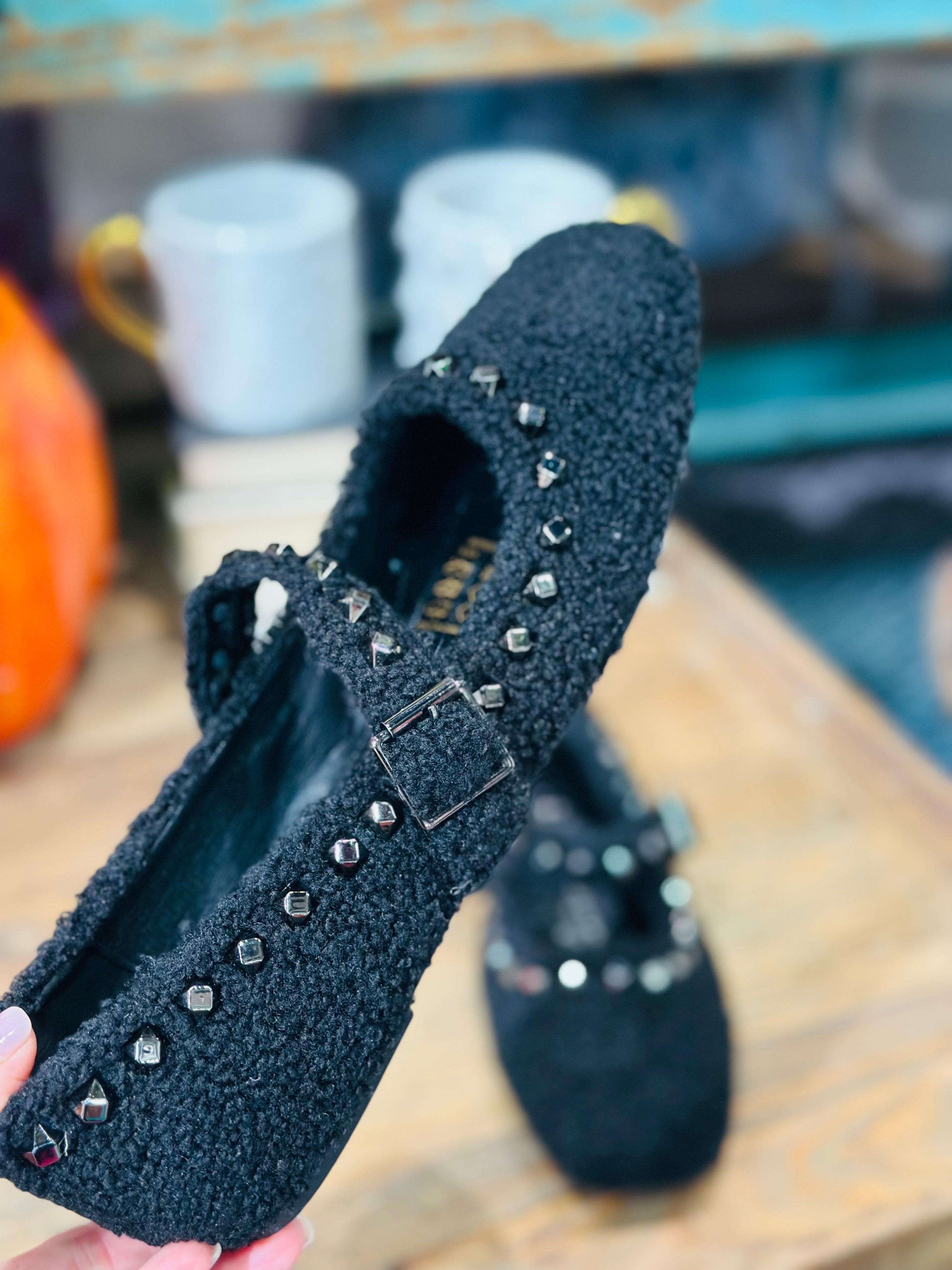 IMPRESS FLUFFY STUDDED MARY JANE FLATS-BLACK