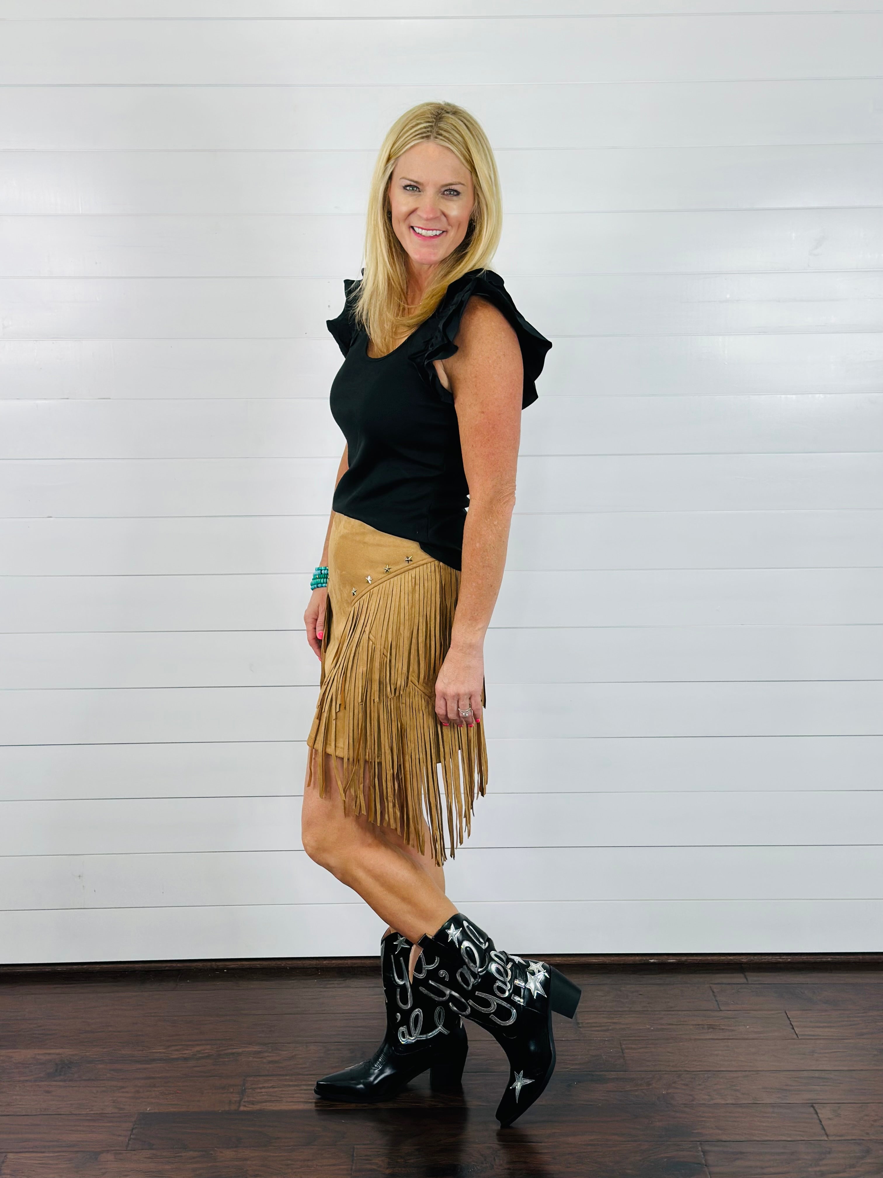 RUFFLED RIBBED KNIT TANK-BLACK