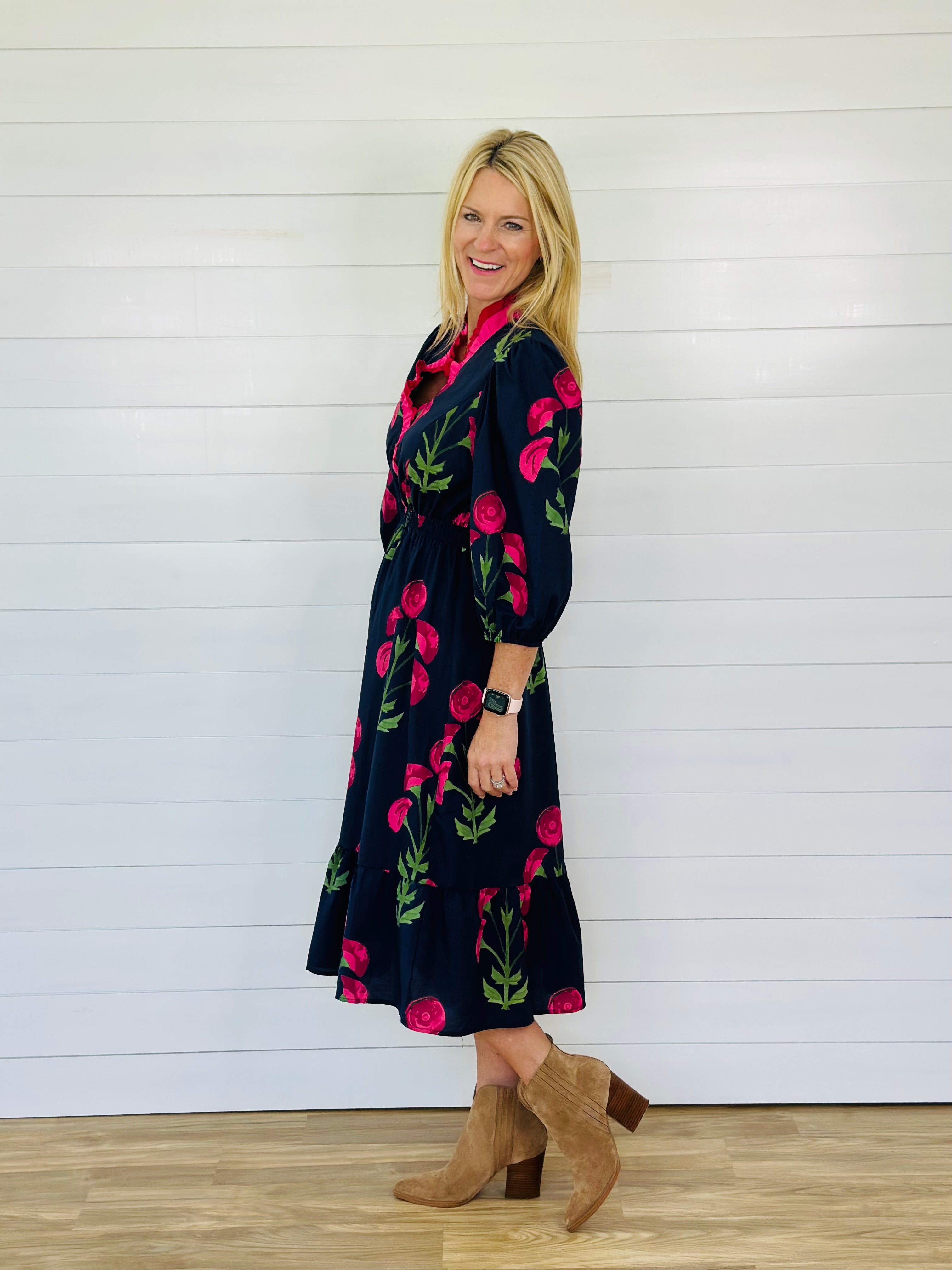 EVENING POPPIES DRESS-NAVY