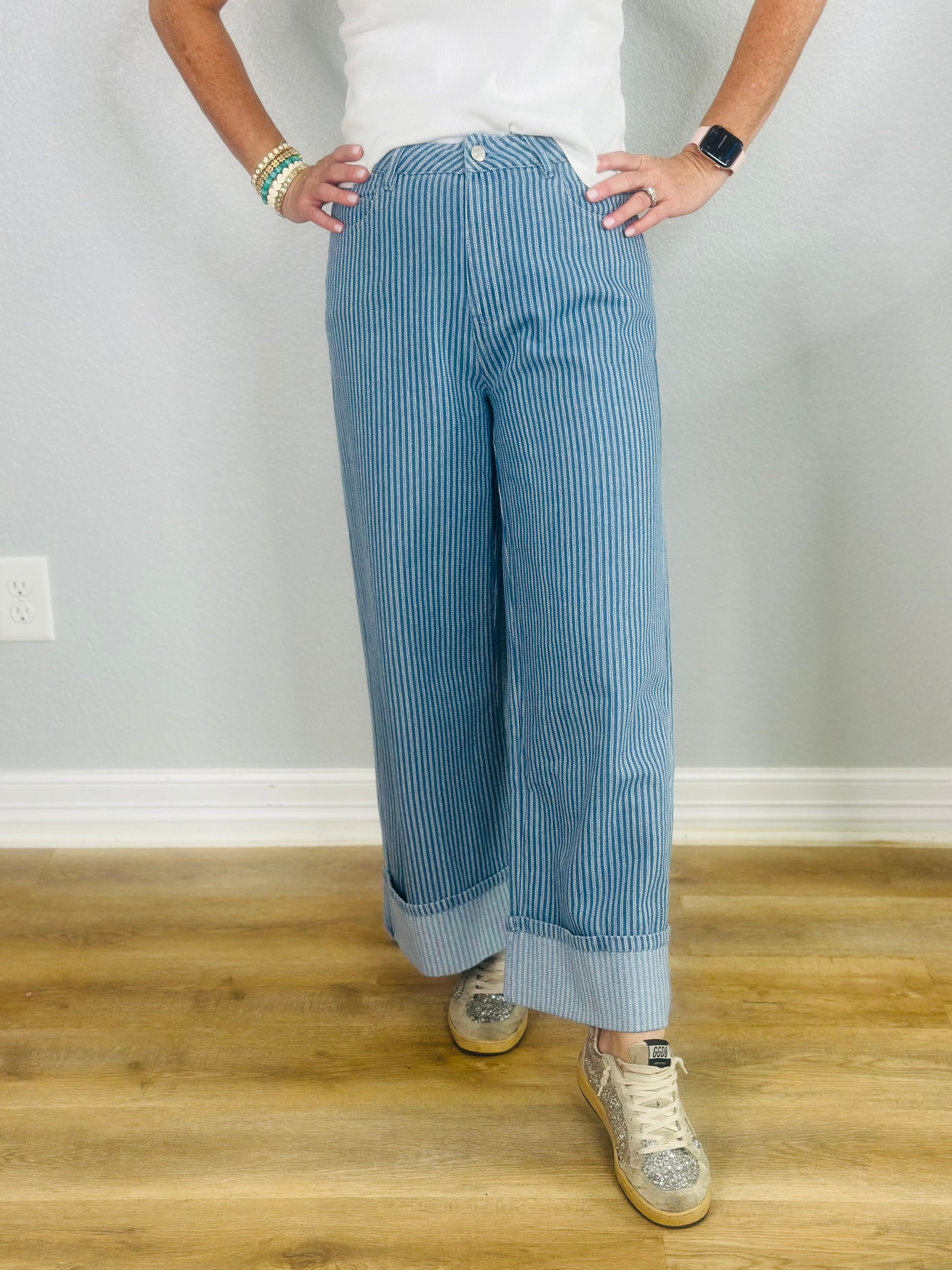 STRIPED AND CUFFED PANT-LT BLUE