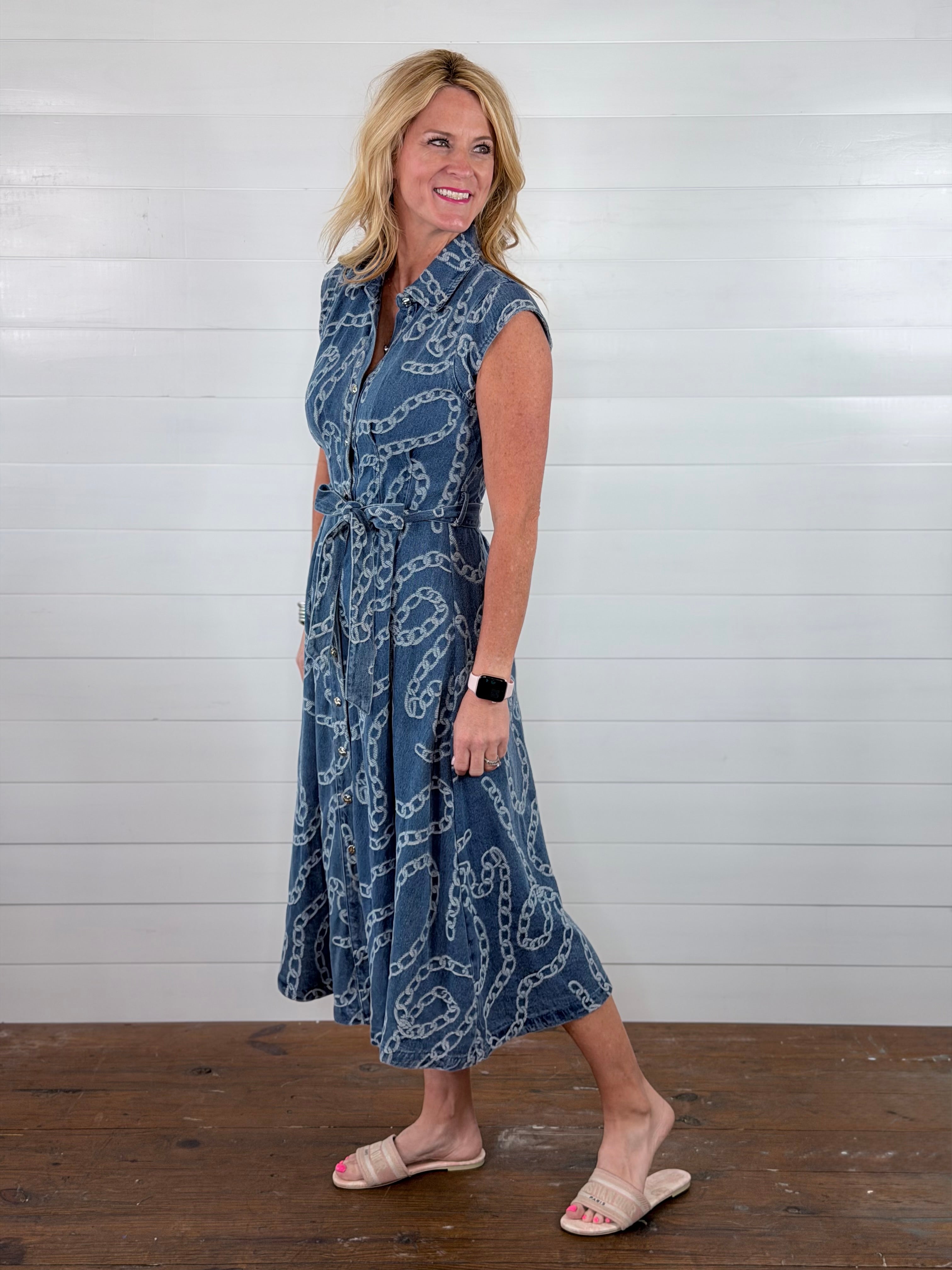 DENIM CHAIN PRINT DRESS