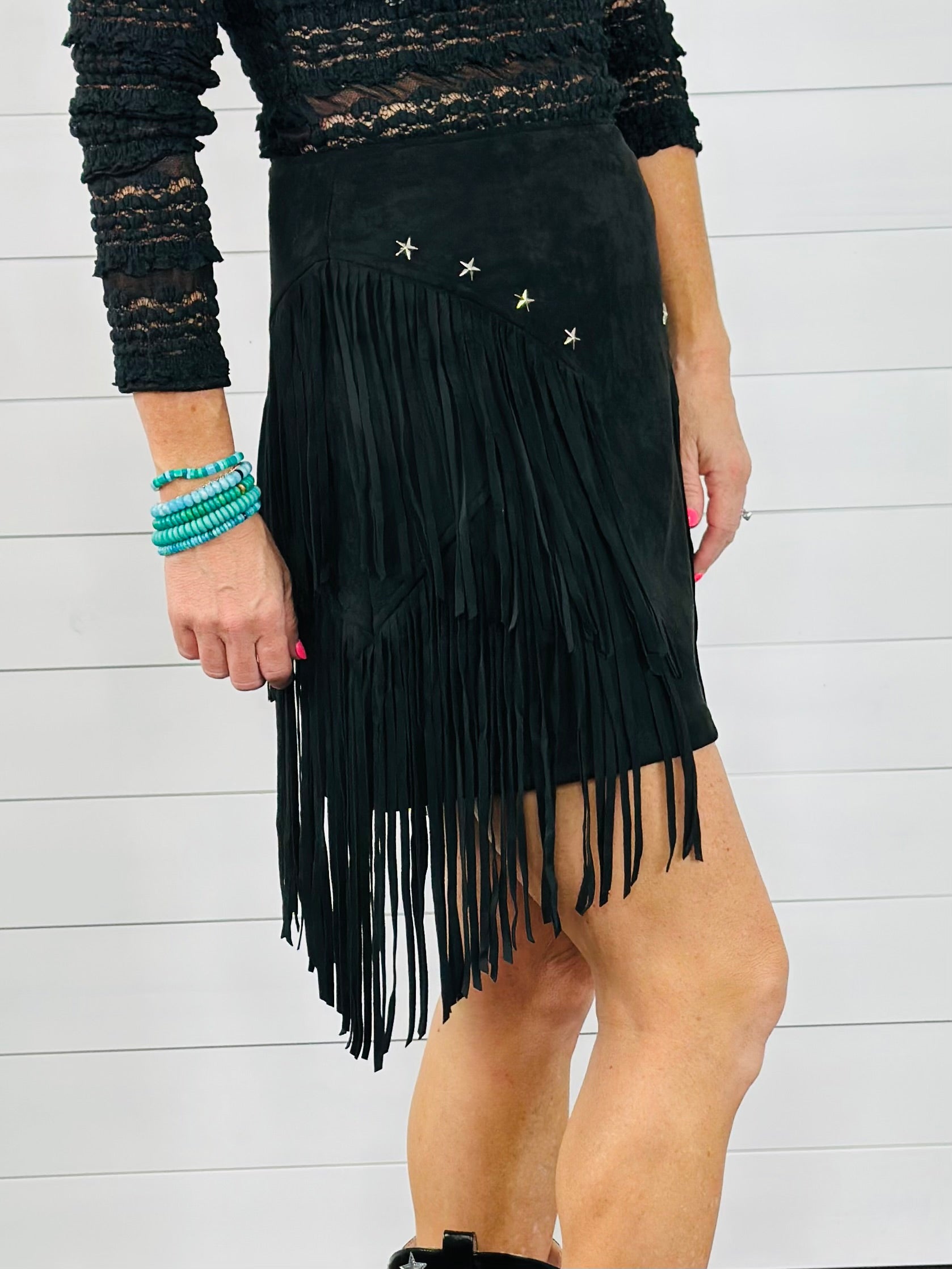 MIDNIGHT RODEO FRINGE SKIRT-BLACK