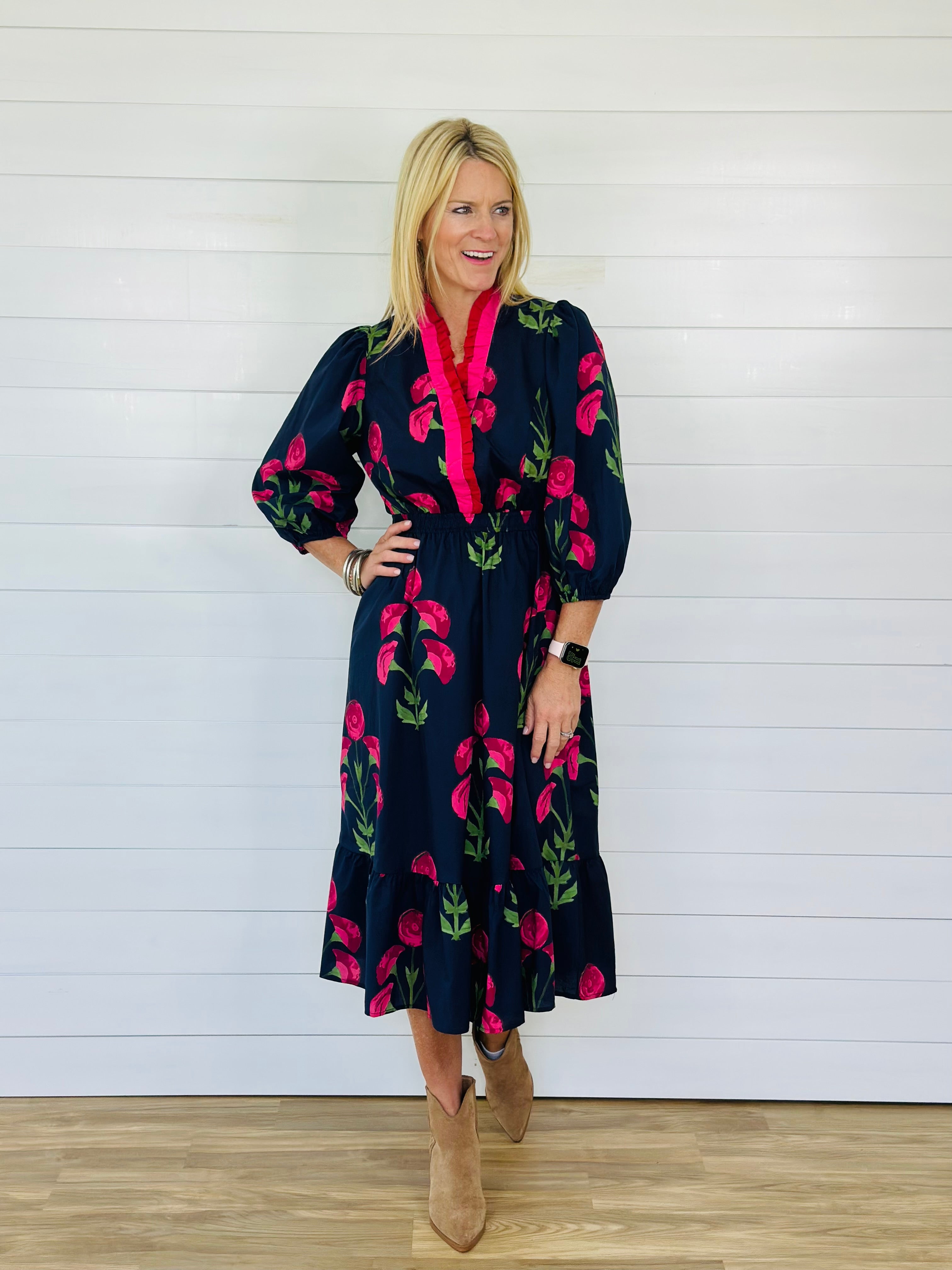 EVENING POPPIES DRESS-NAVY