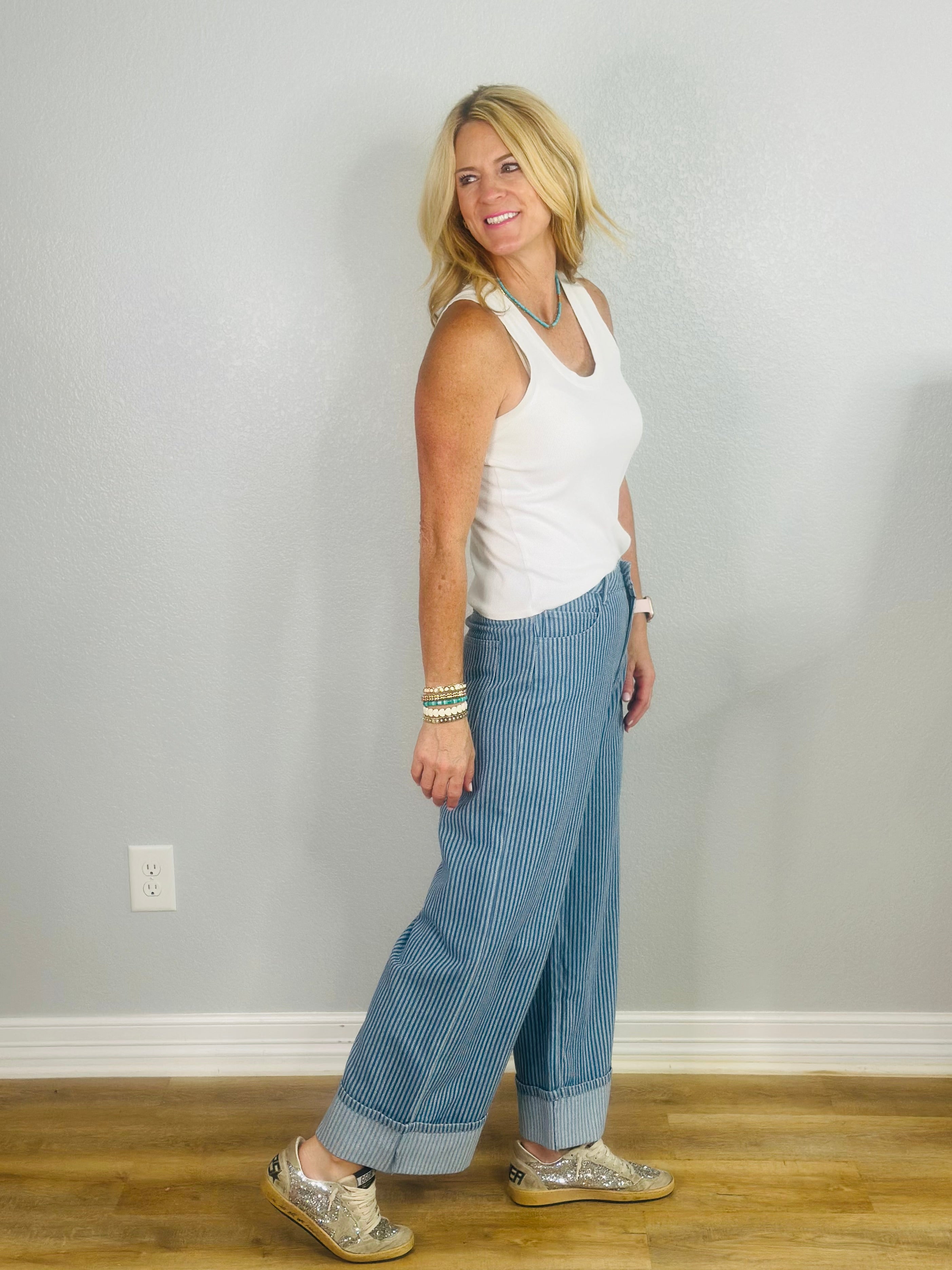 STRIPED AND CUFFED PANT-LT BLUE