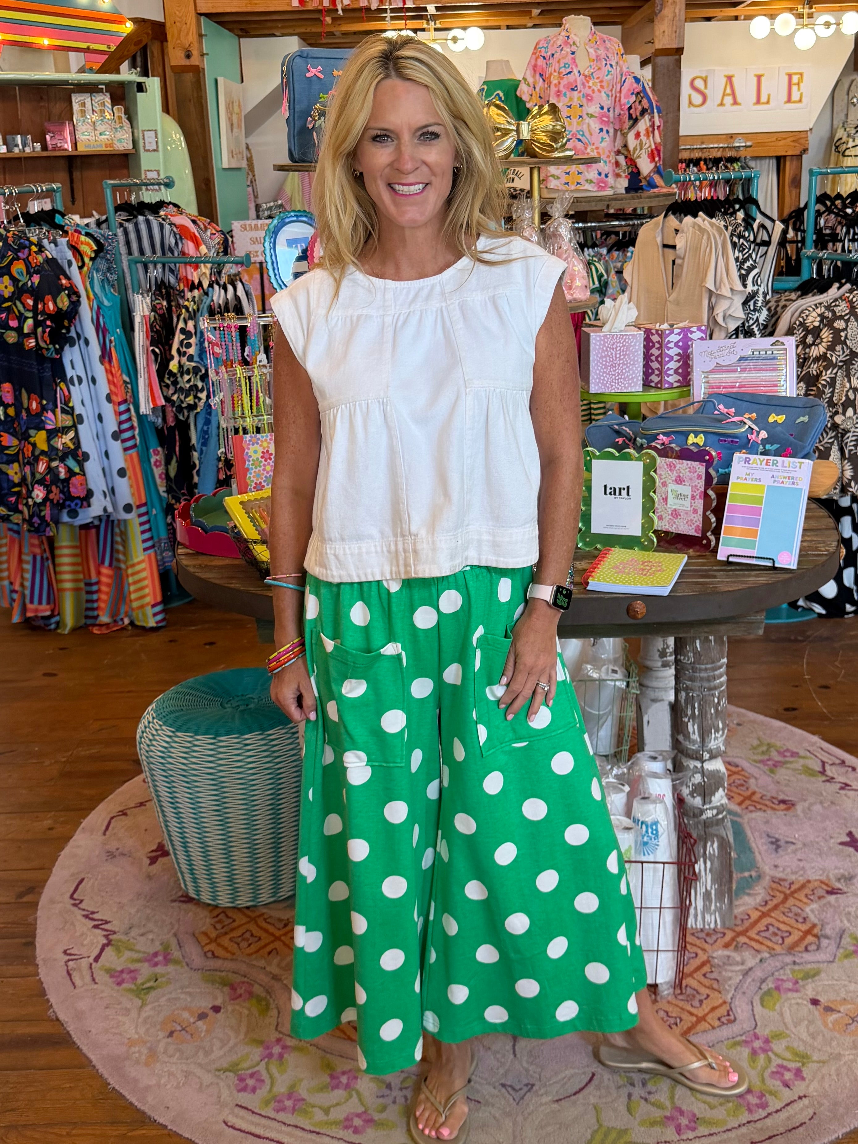 DOTTED WIDE LEG PANT-GREEN