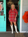 rust colored dress with cream print