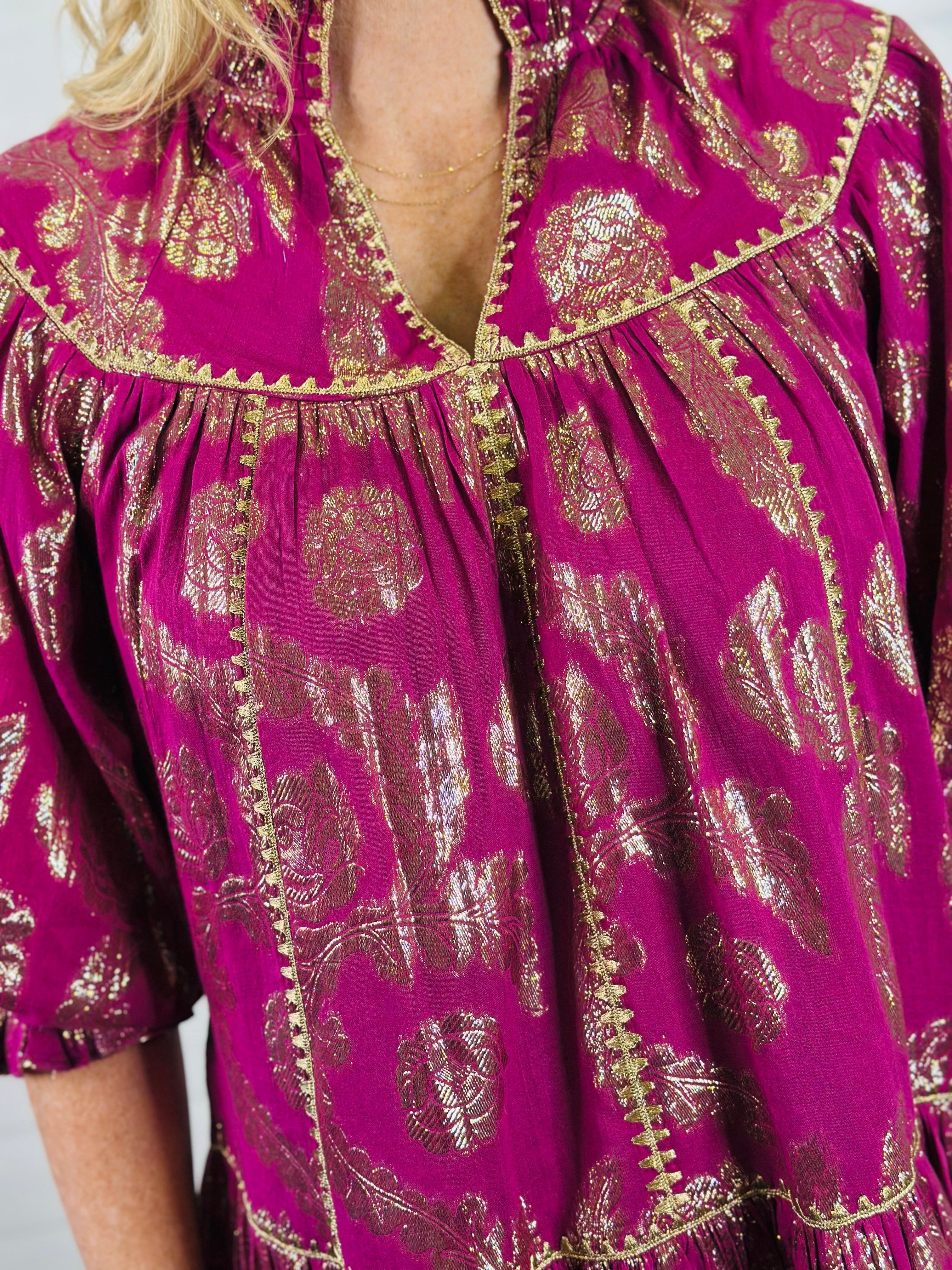 METALLIC ROSES SWING DRESS