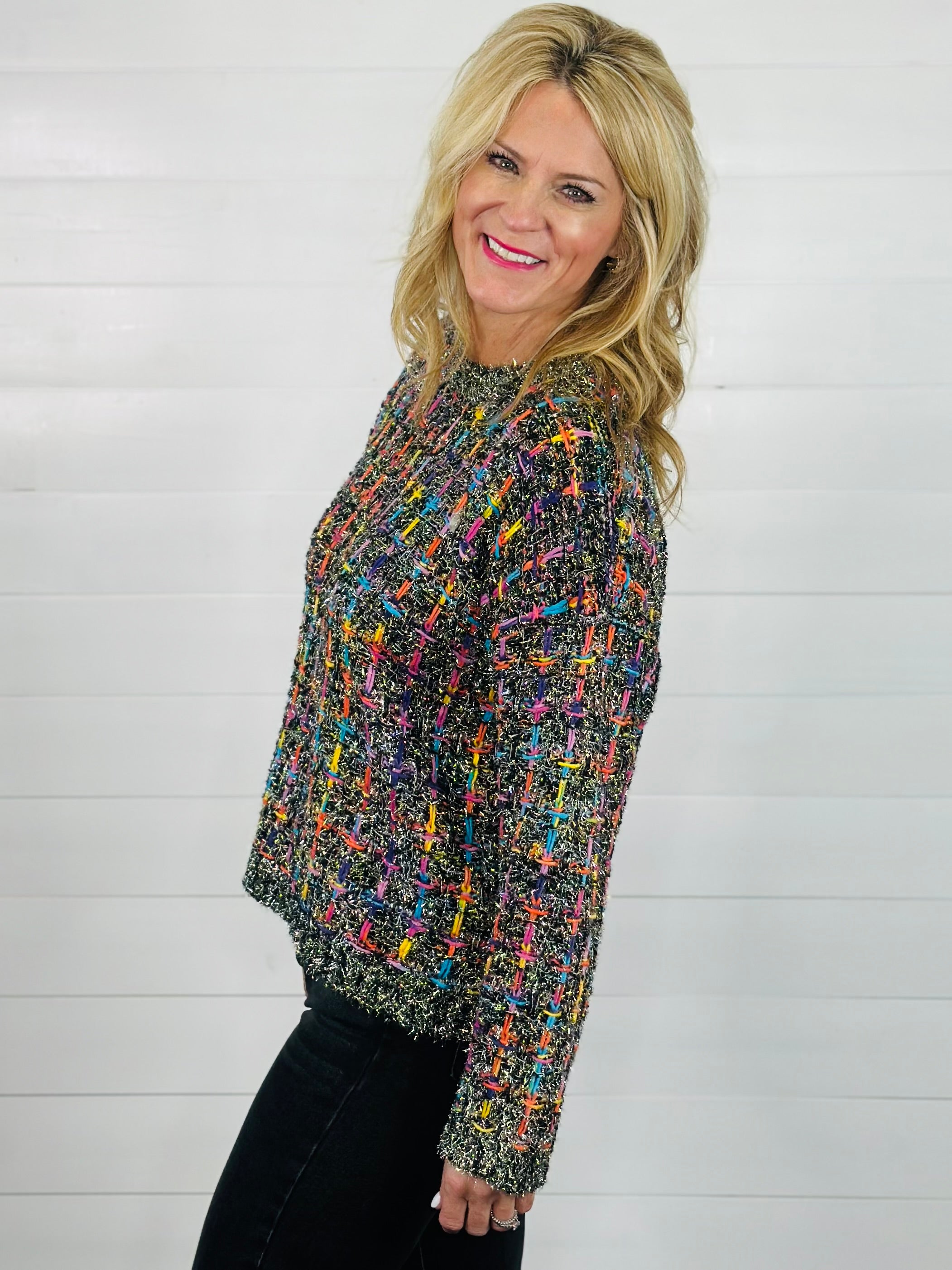 TINSEL TWEED SWEATER TOP-BLACK MULTI