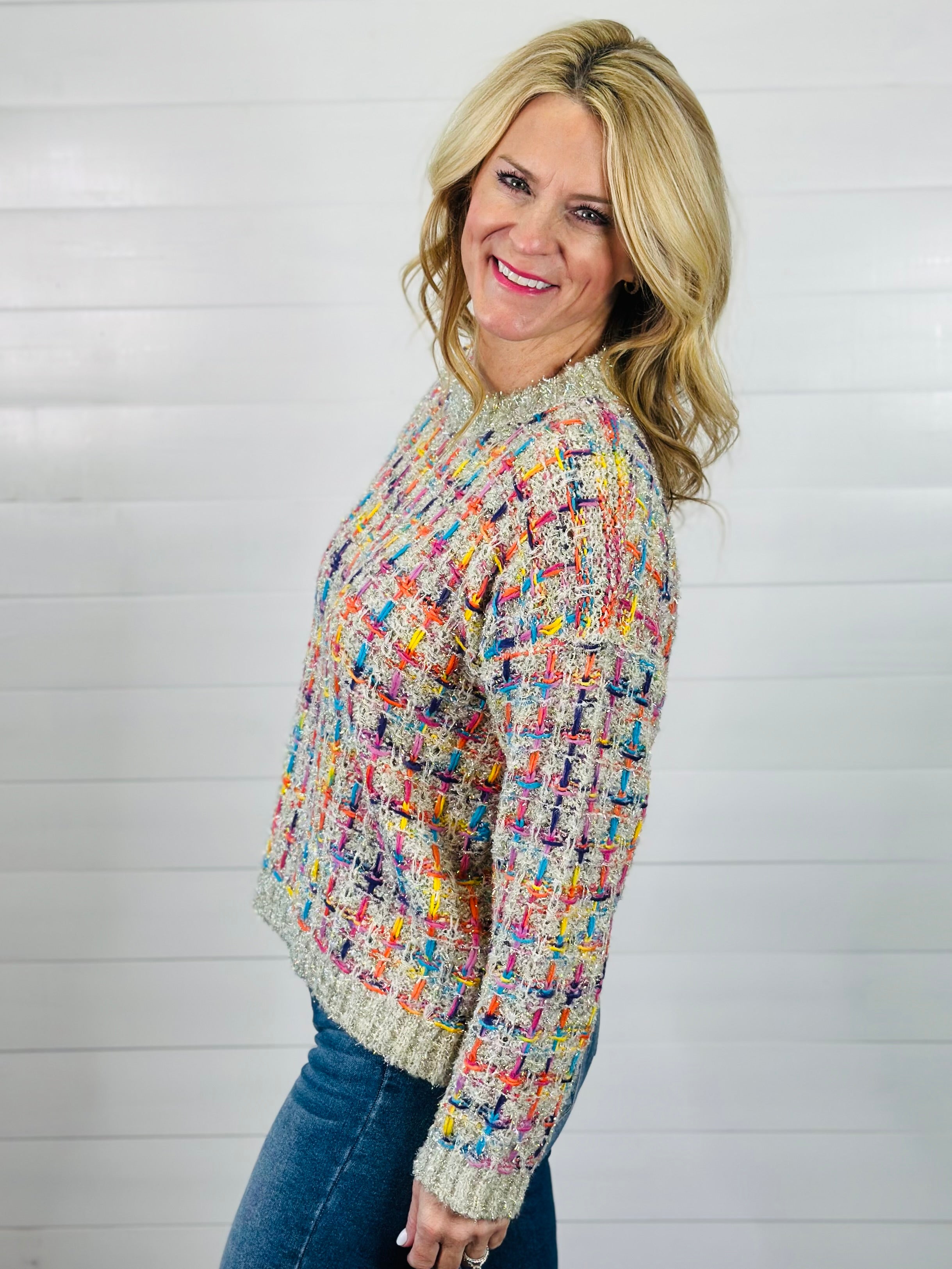 TINSEL TWEED SWEATER TOP-CREAM MULTI