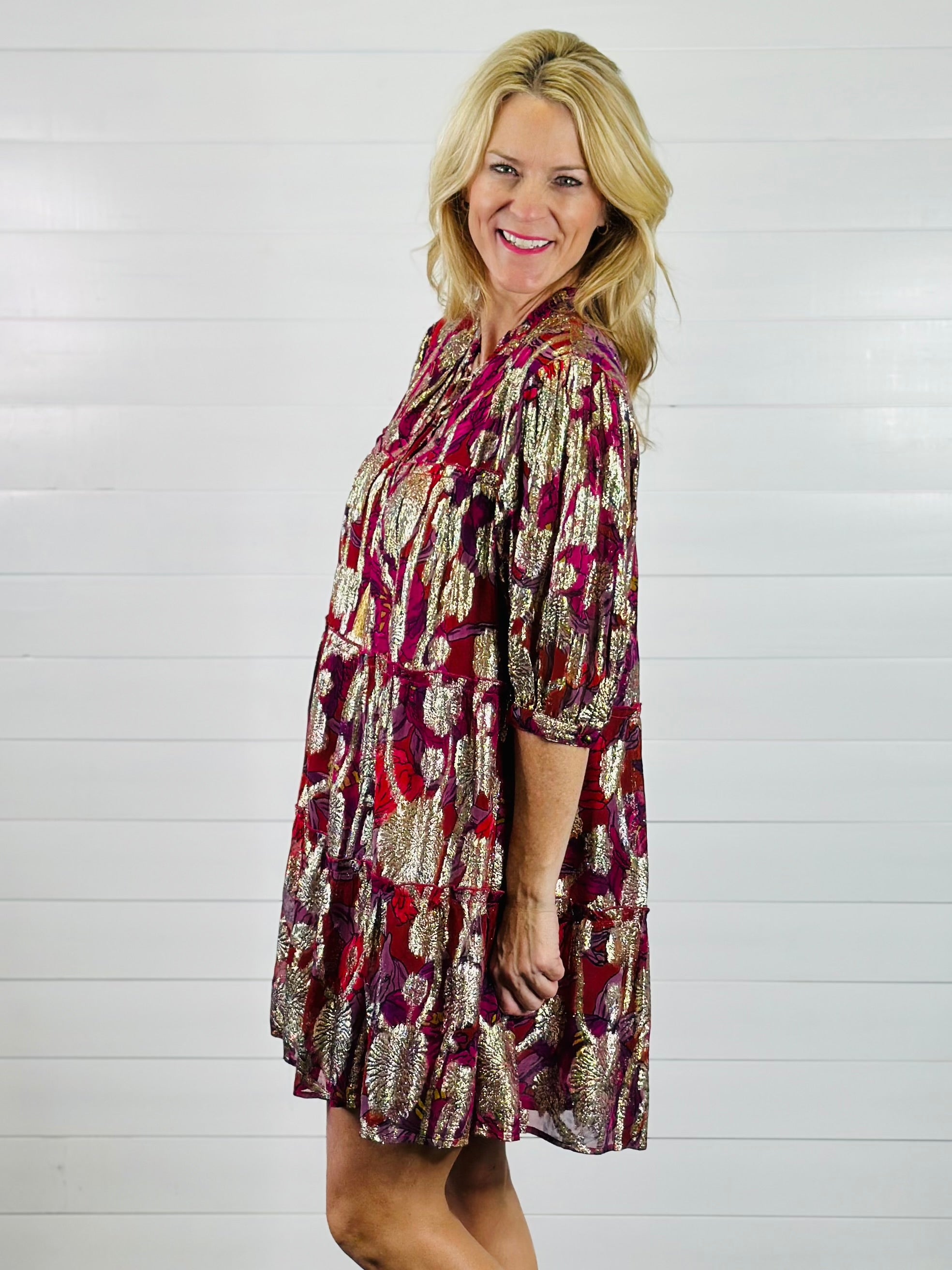 METALLIC PRINT TIERED DRESS