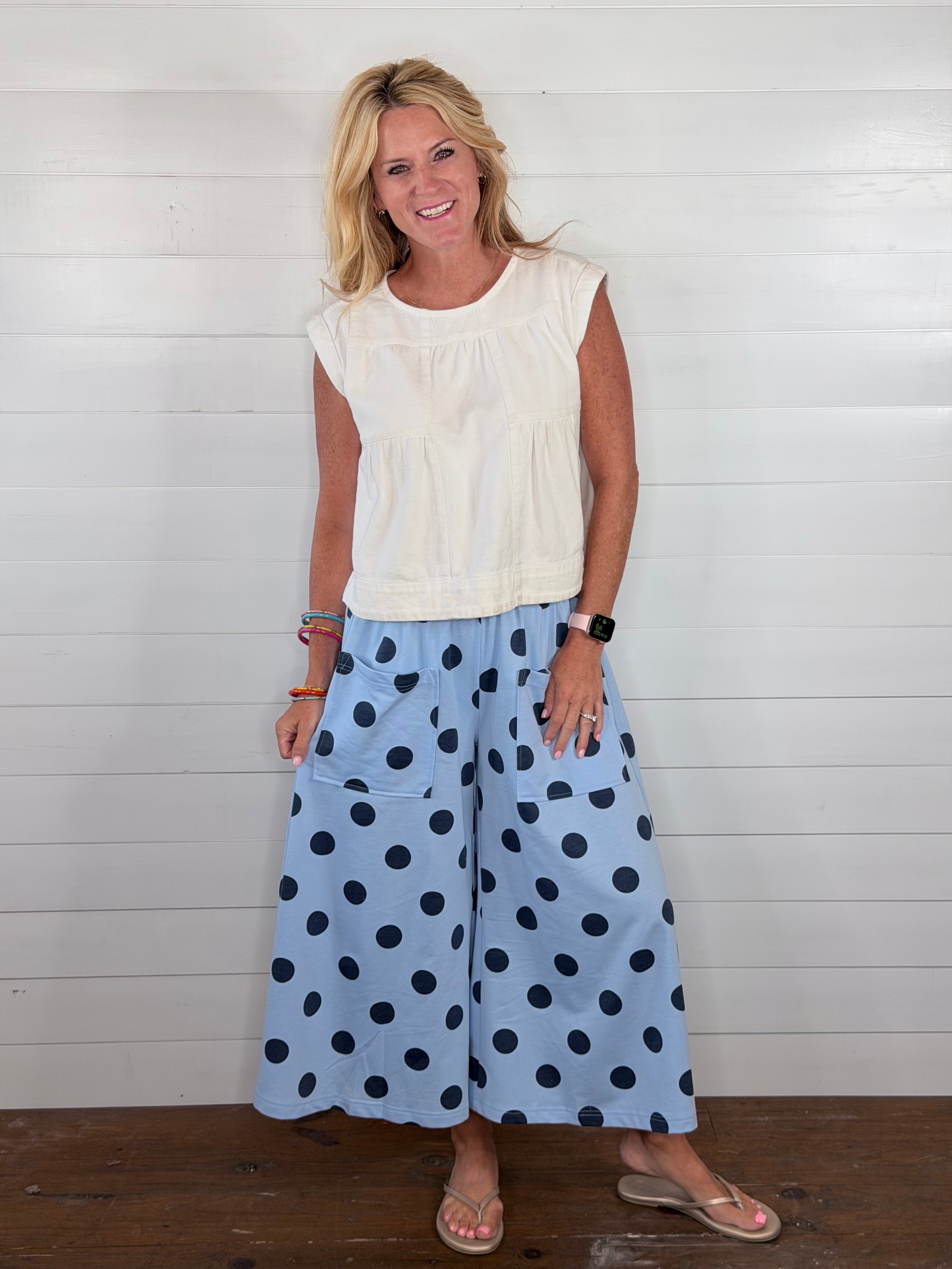 DOTTED WIDE LEG PANT-BLUE