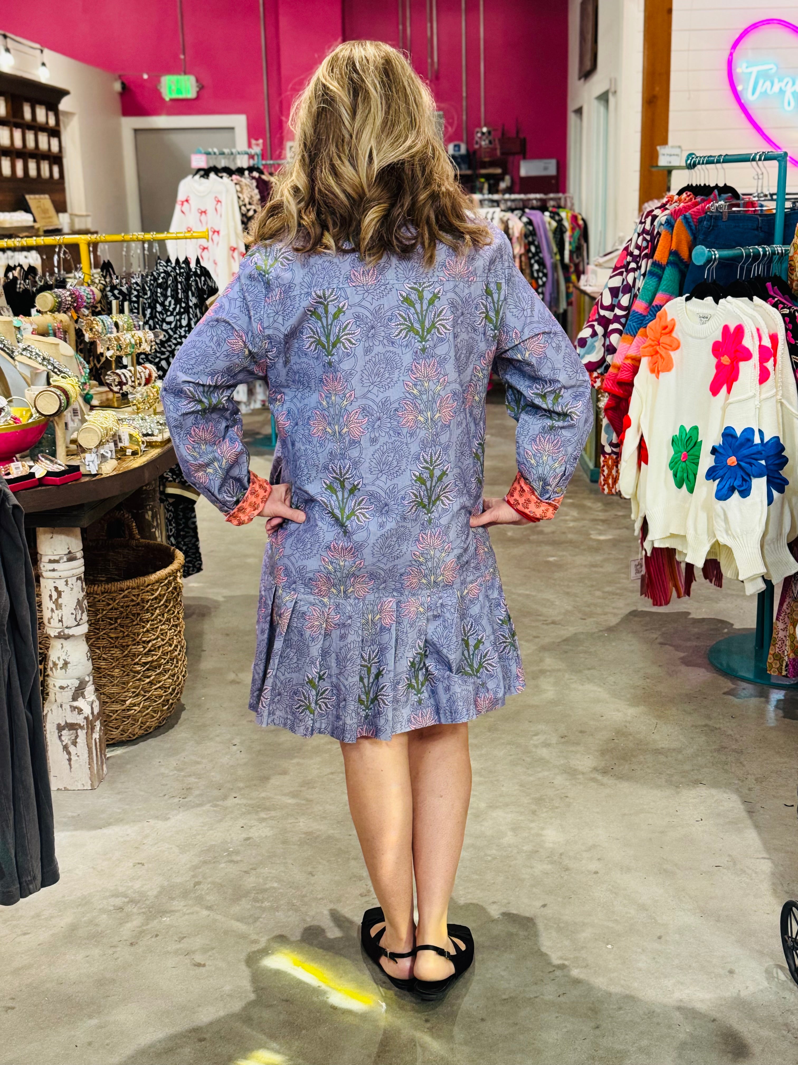 DROP WAIST PLEATED DRESS