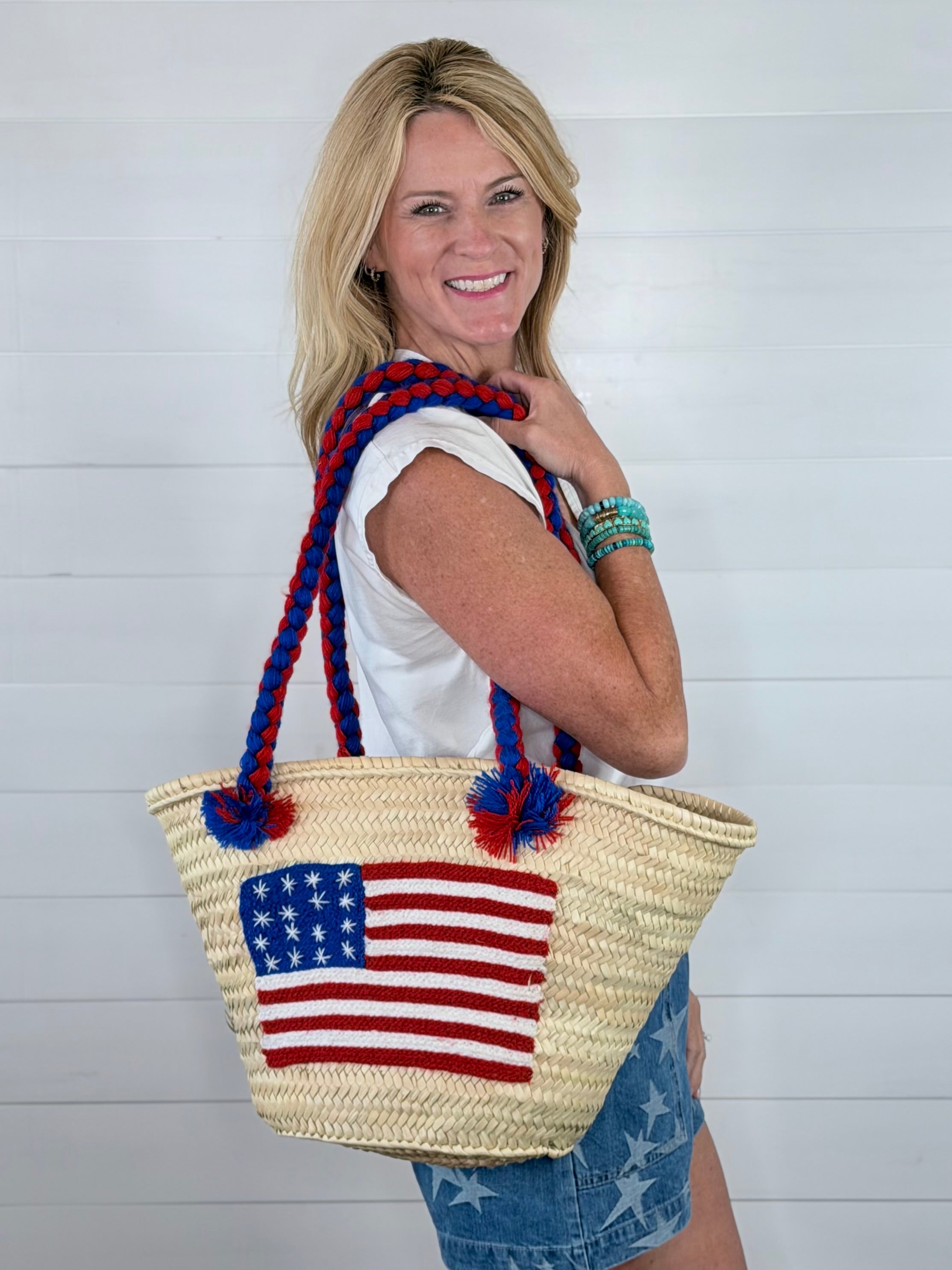 LARGE USA STRAW TOTE W/ WOVEN HANDLE