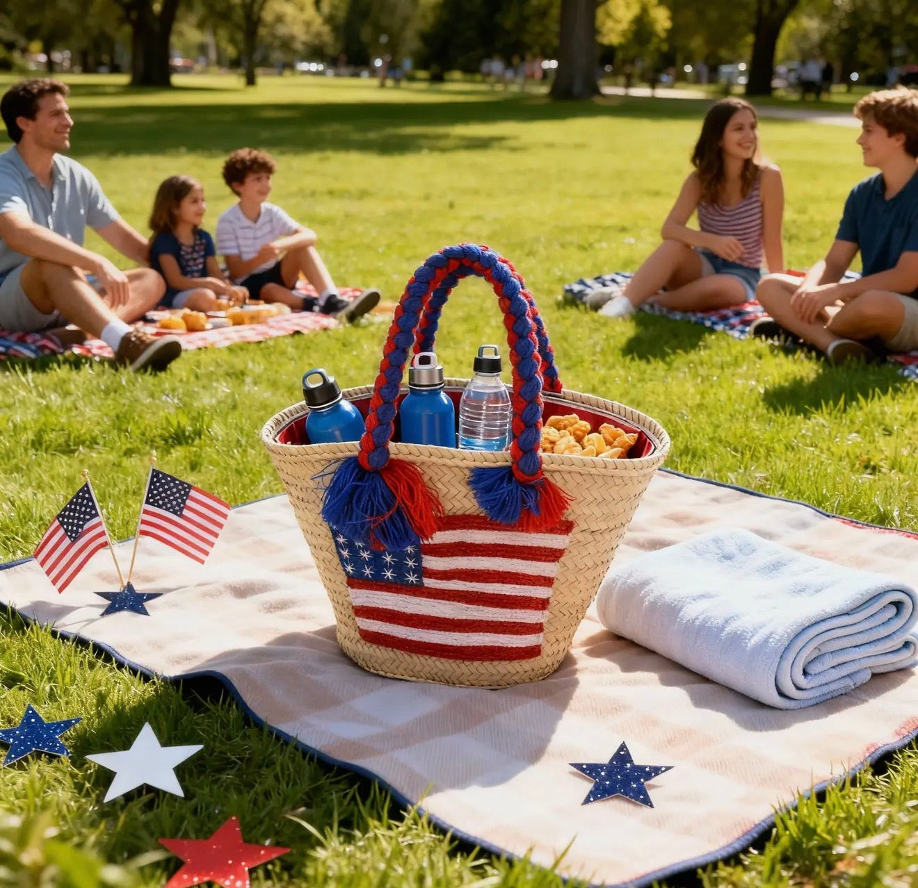 LARGE USA STRAW TOTE W/ WOVEN HANDLE