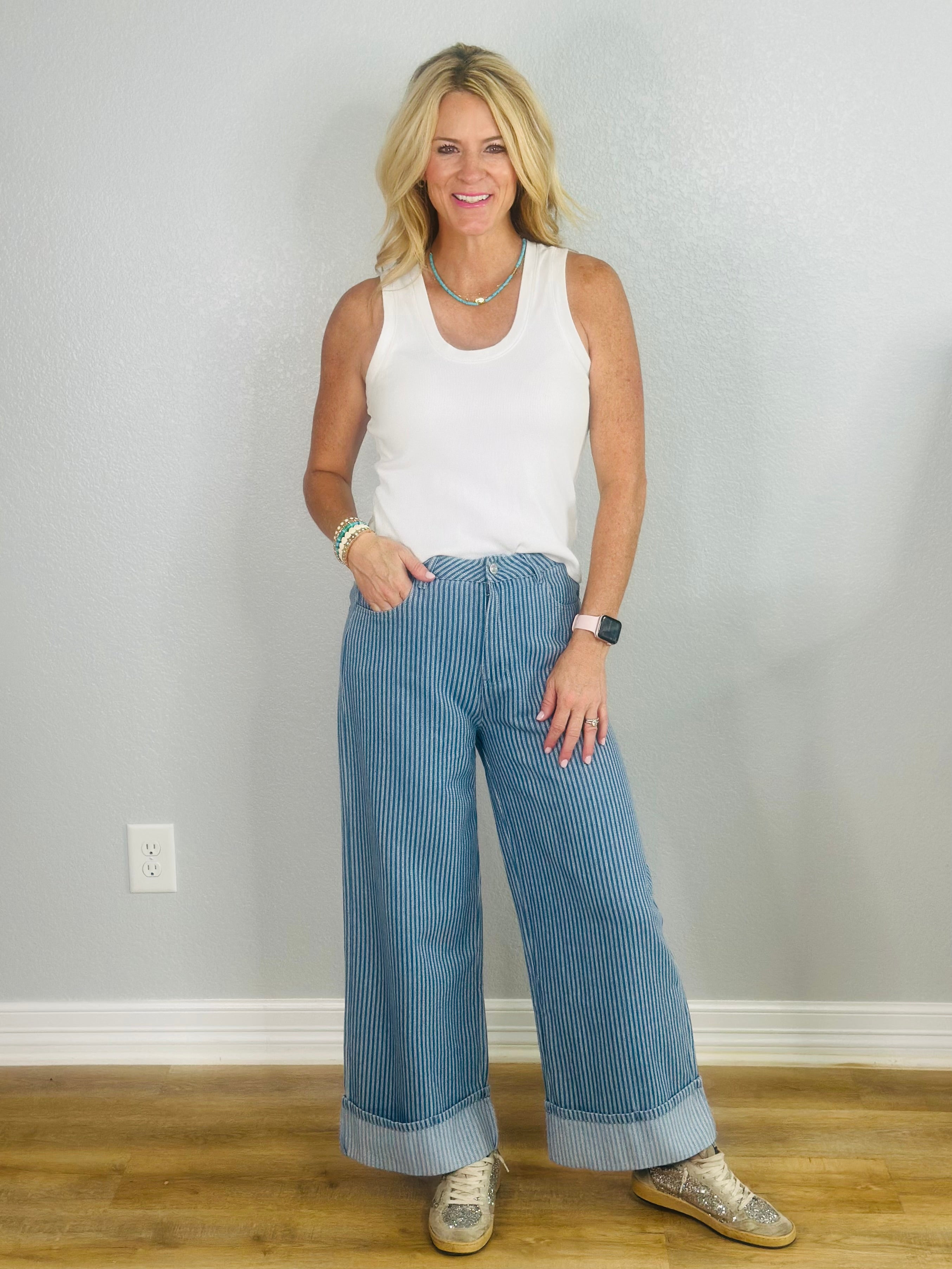 STRIPED AND CUFFED PANT-LT BLUE