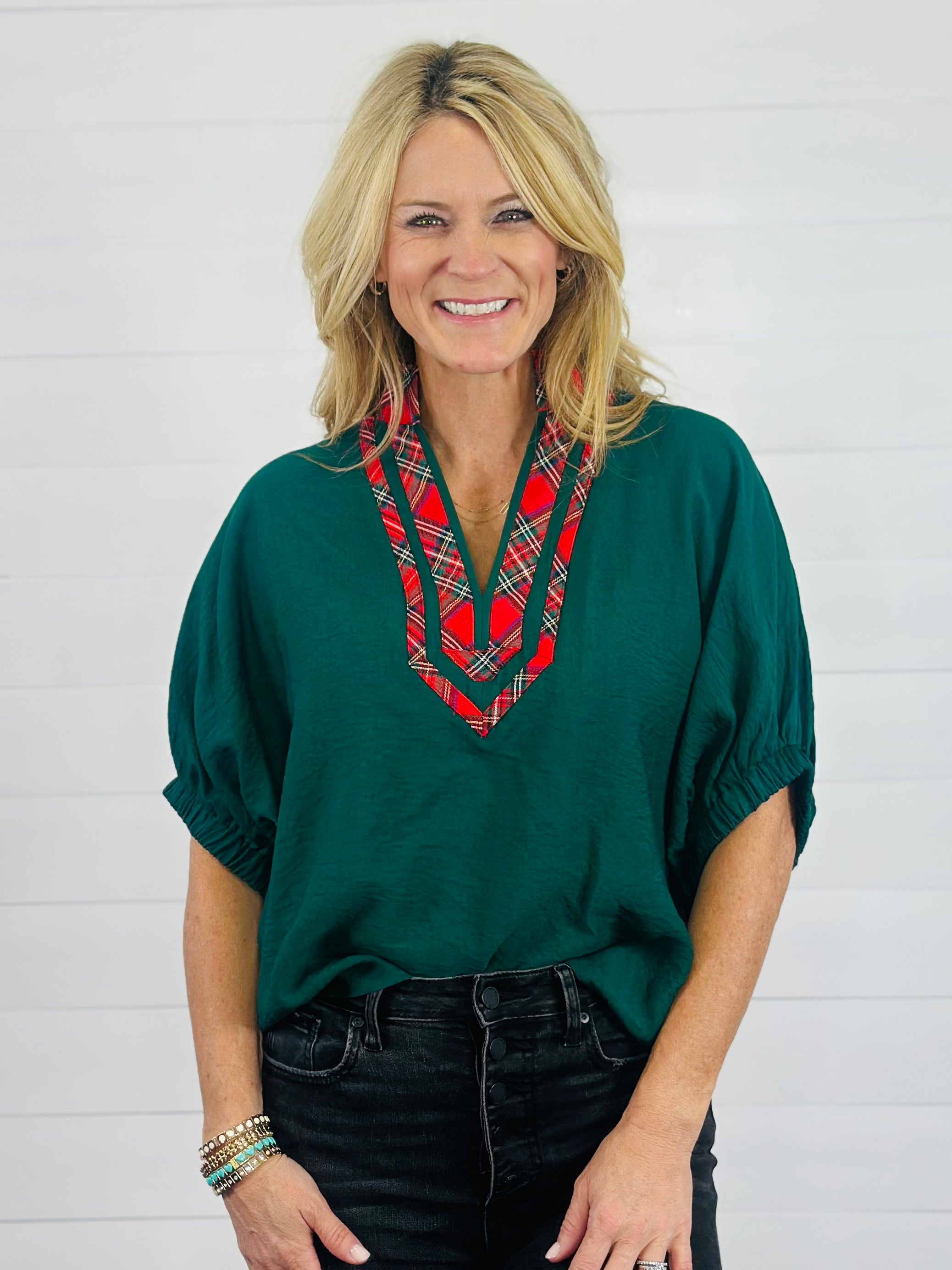 PRISTINE PLAID TOP-GREEN