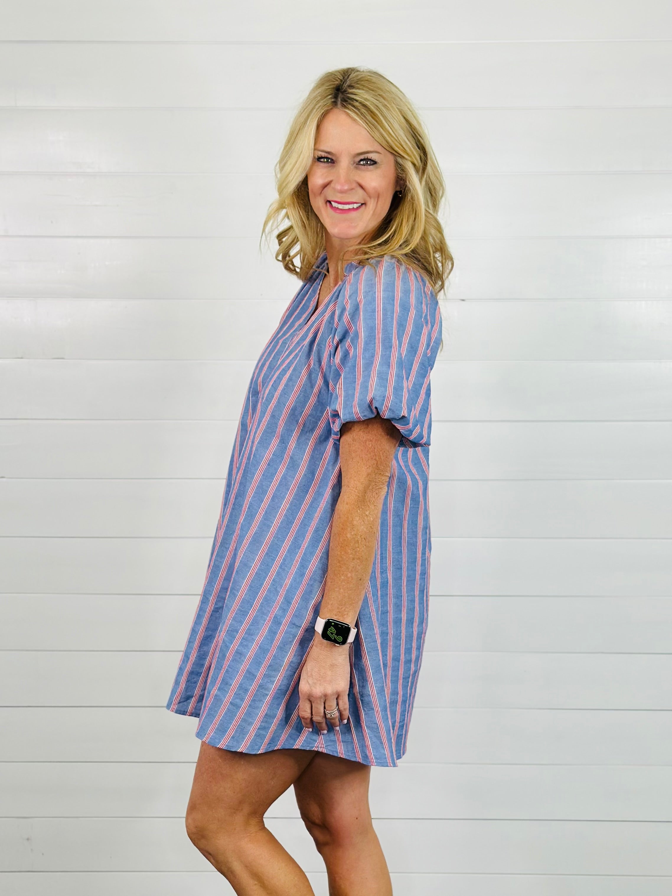 RED RIBBON CHAMBRAY DRESS