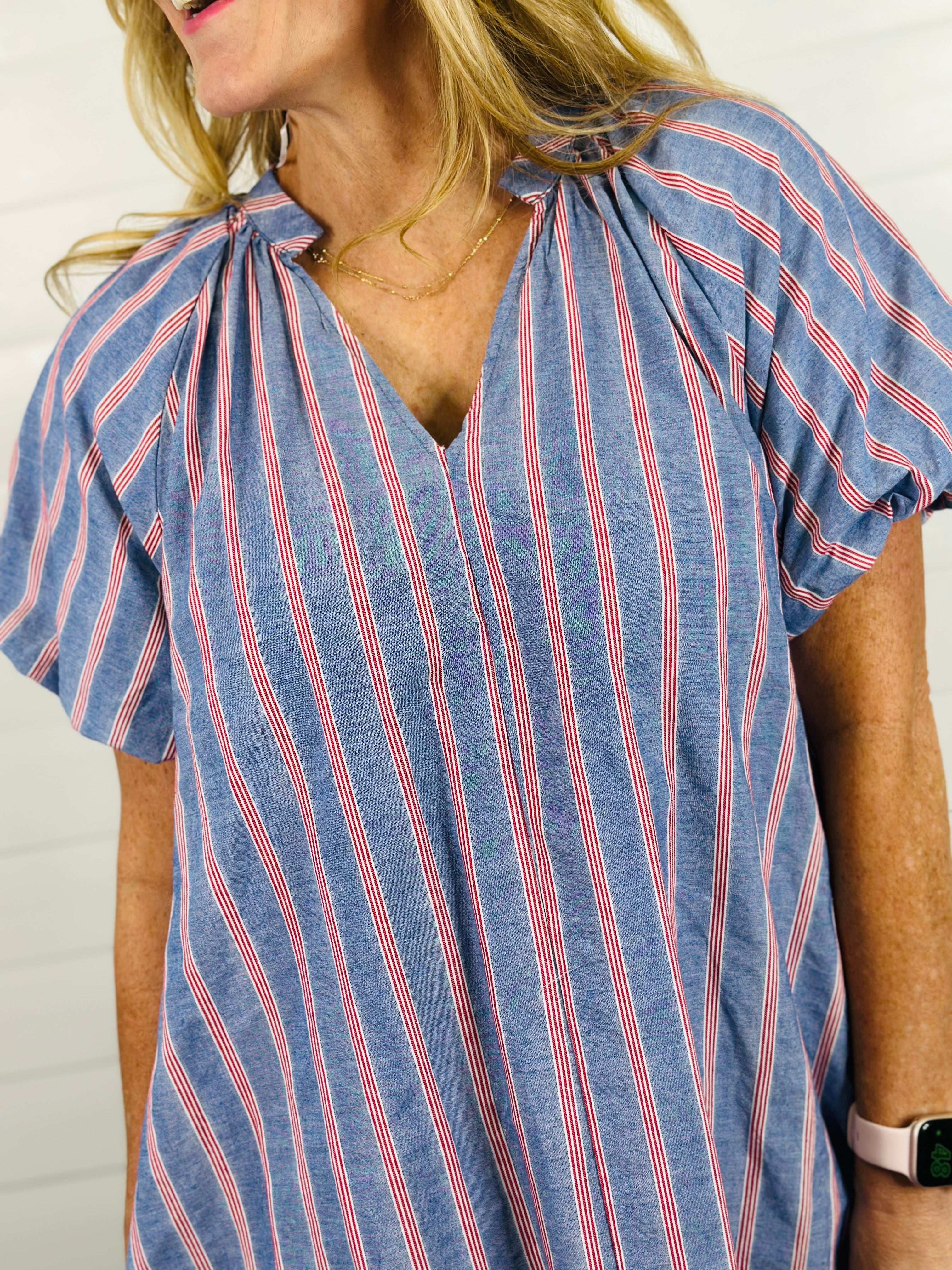 RED RIBBON CHAMBRAY DRESS