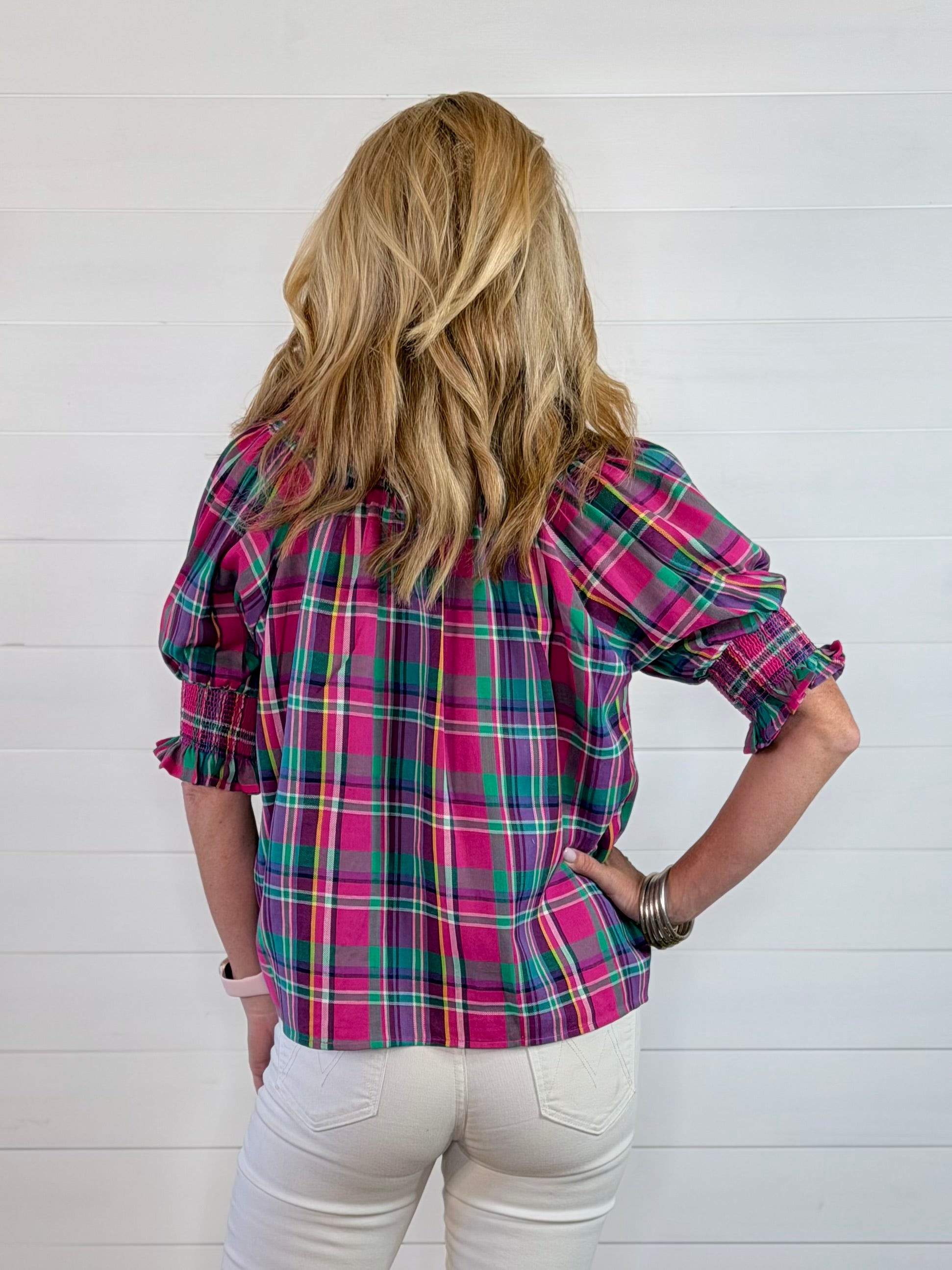 PLAID SMOCKED YOKE BLOUSE