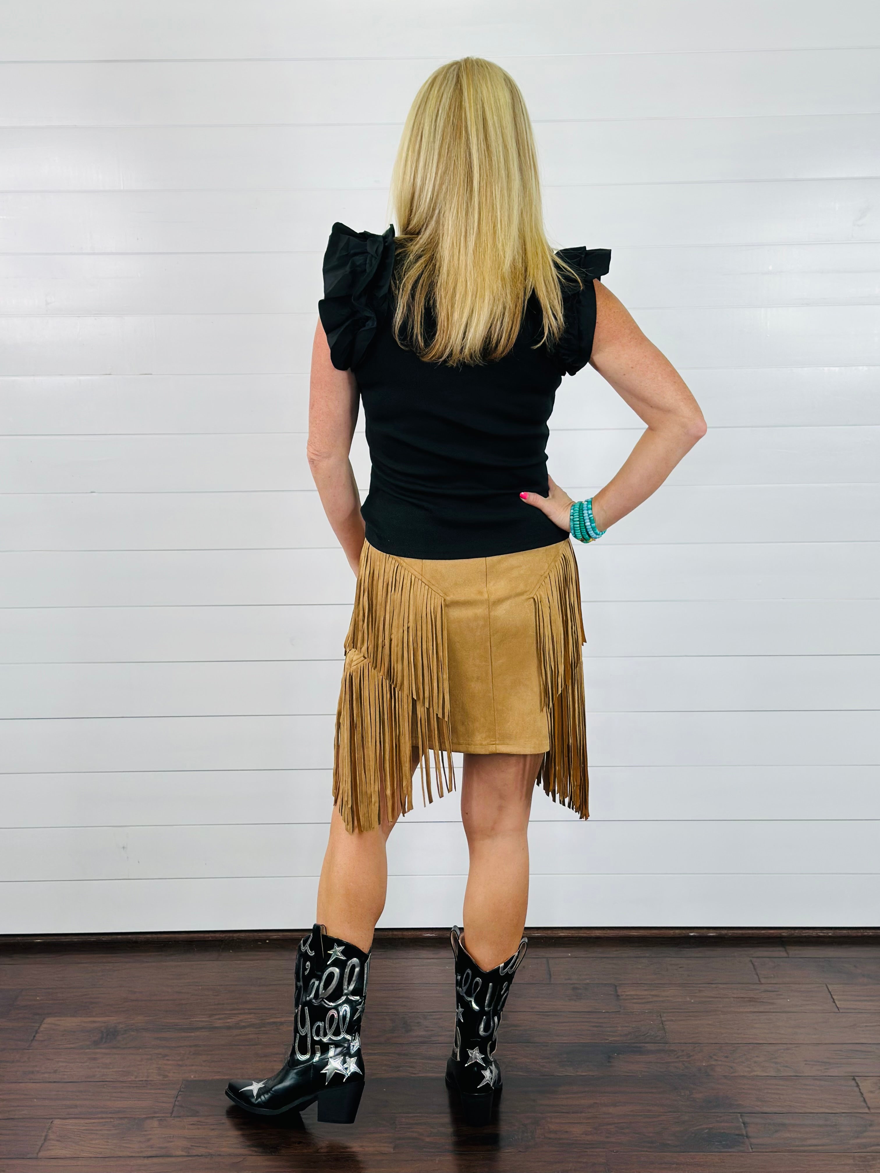 RUFFLED RIBBED KNIT TANK-BLACK