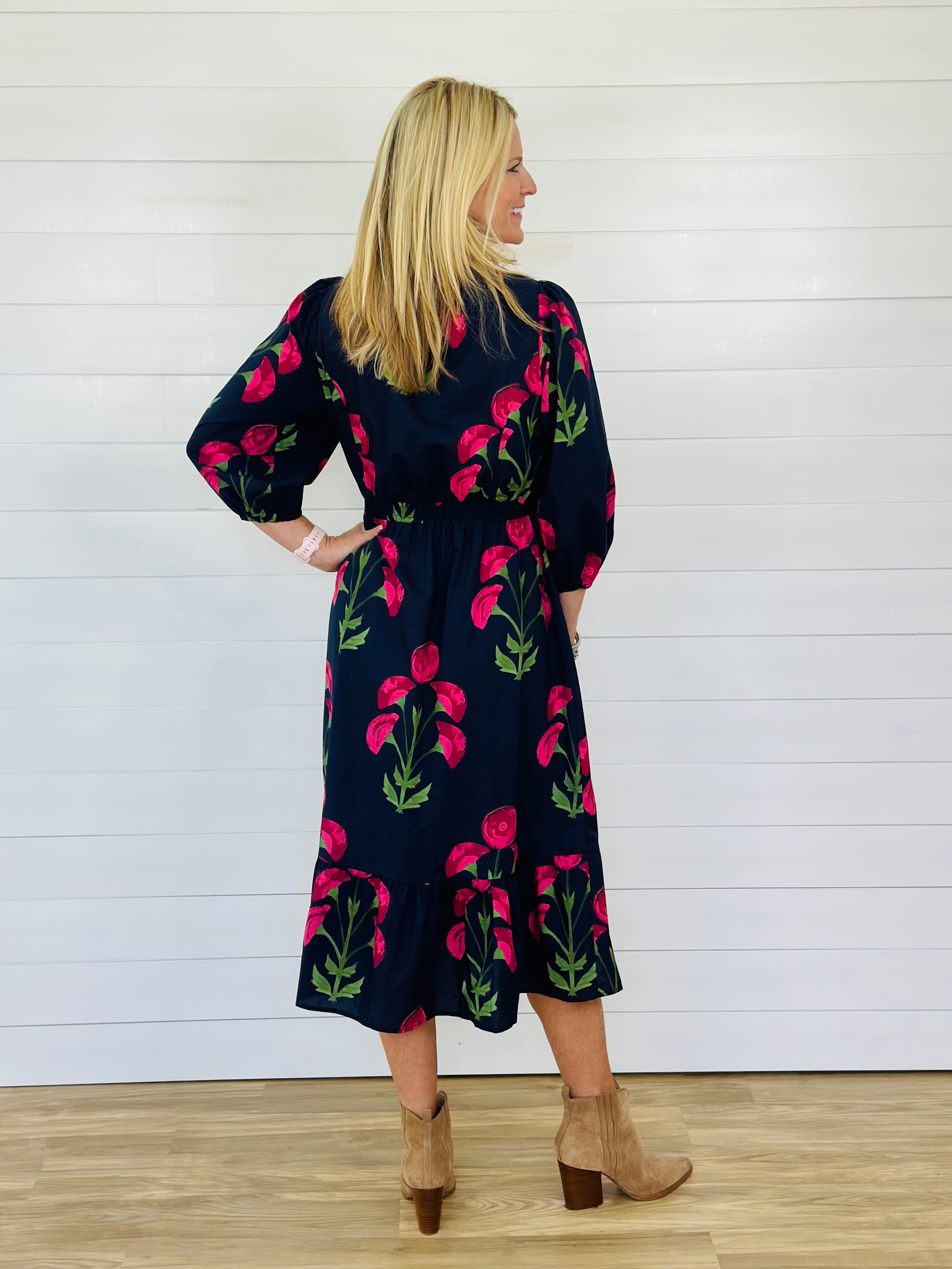 EVENING POPPIES DRESS-NAVY