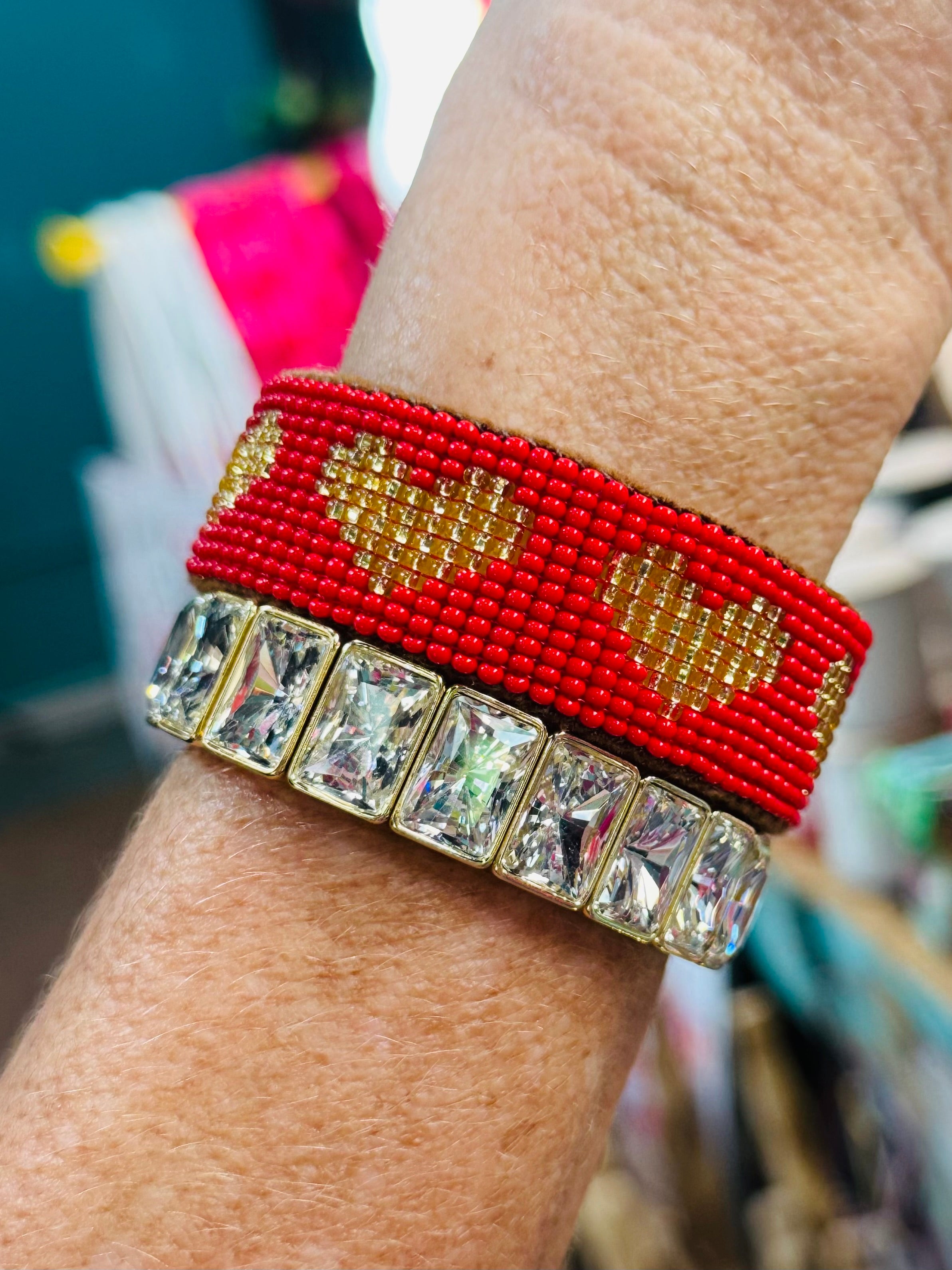 HEART BEADED CUFF-RED