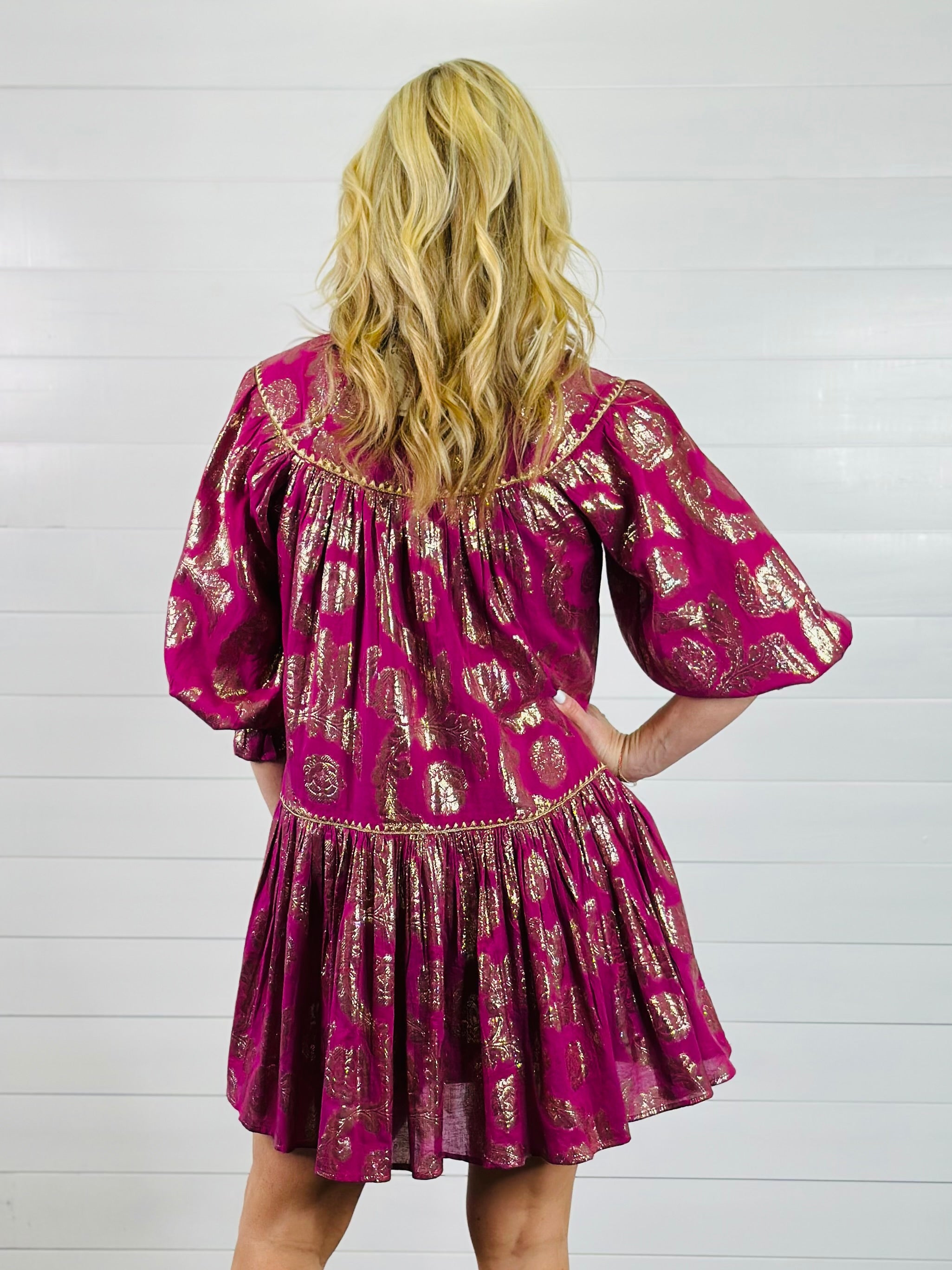 METALLIC ROSES SWING DRESS