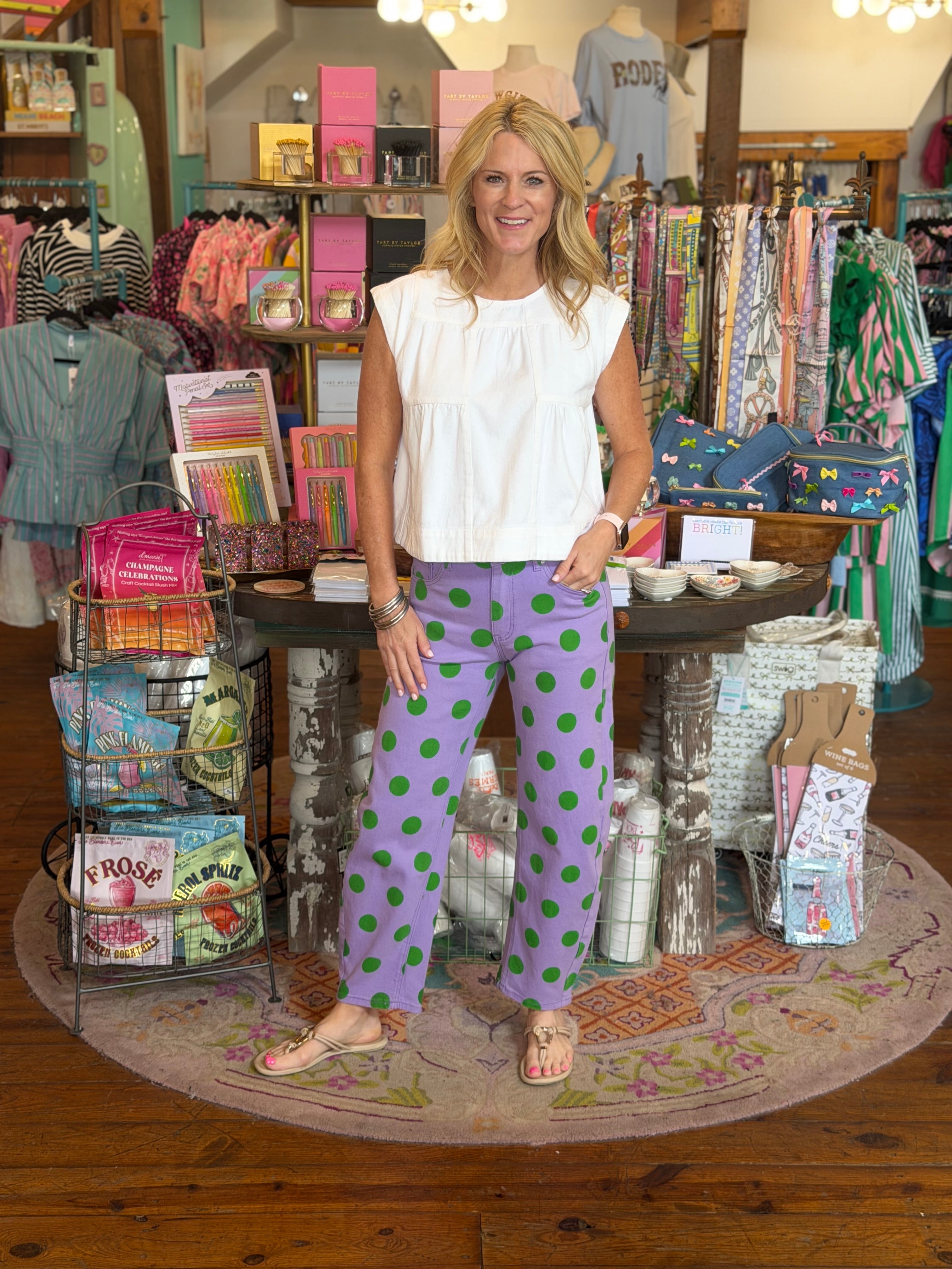 PURPLE POLKA DOT BARREL PANTS