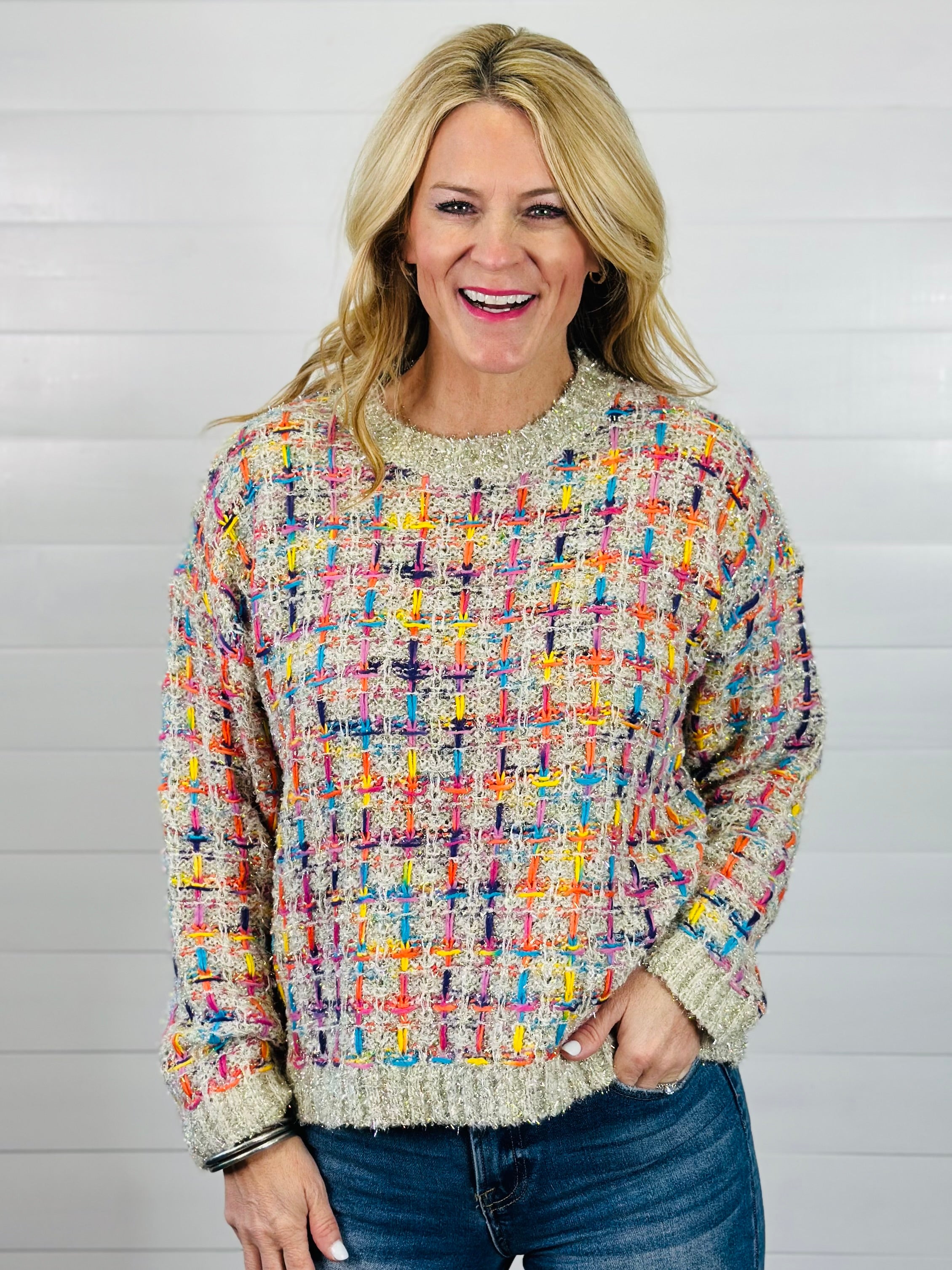 TINSEL TWEED SWEATER TOP-CREAM MULTI