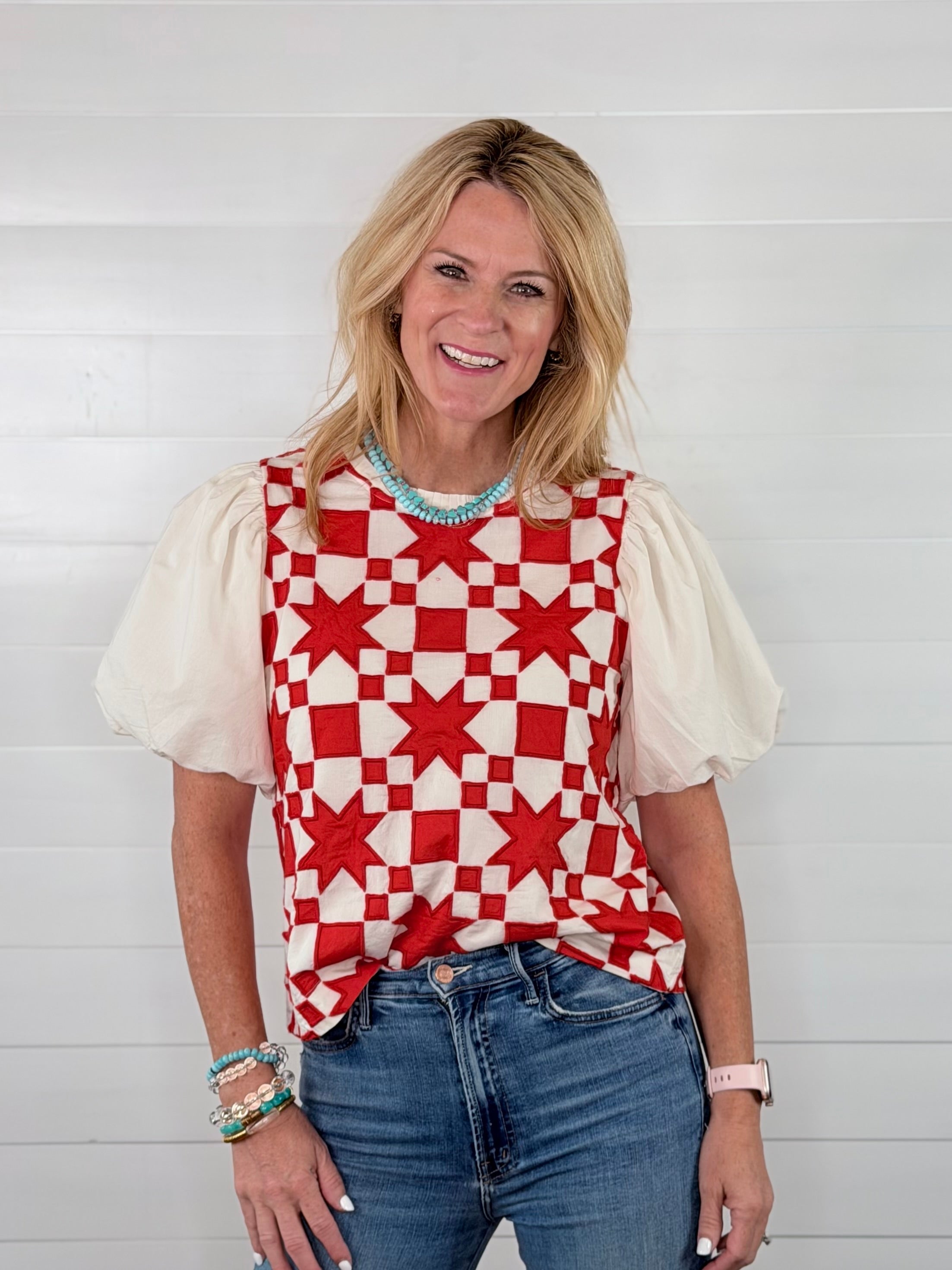 QUILTED POUF SLEEVE TOP