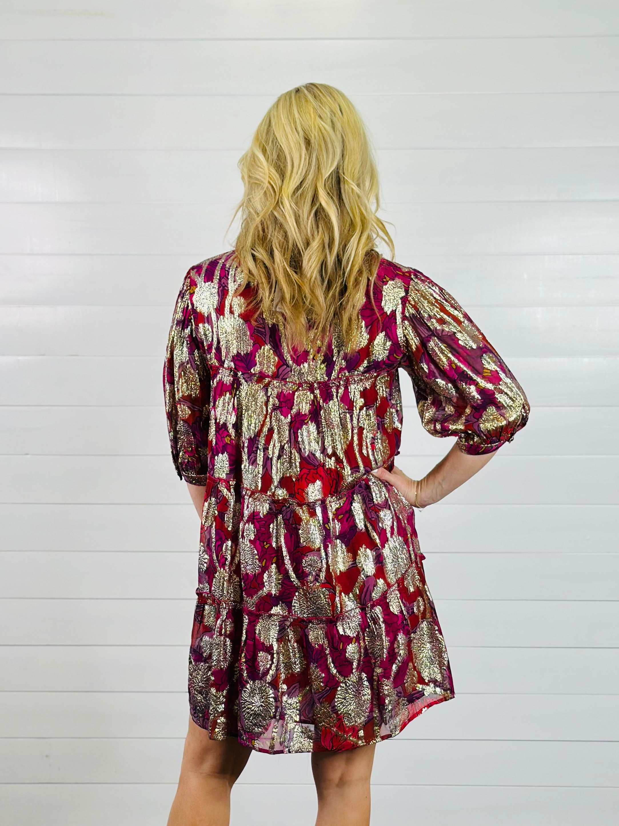 METALLIC PRINT TIERED DRESS