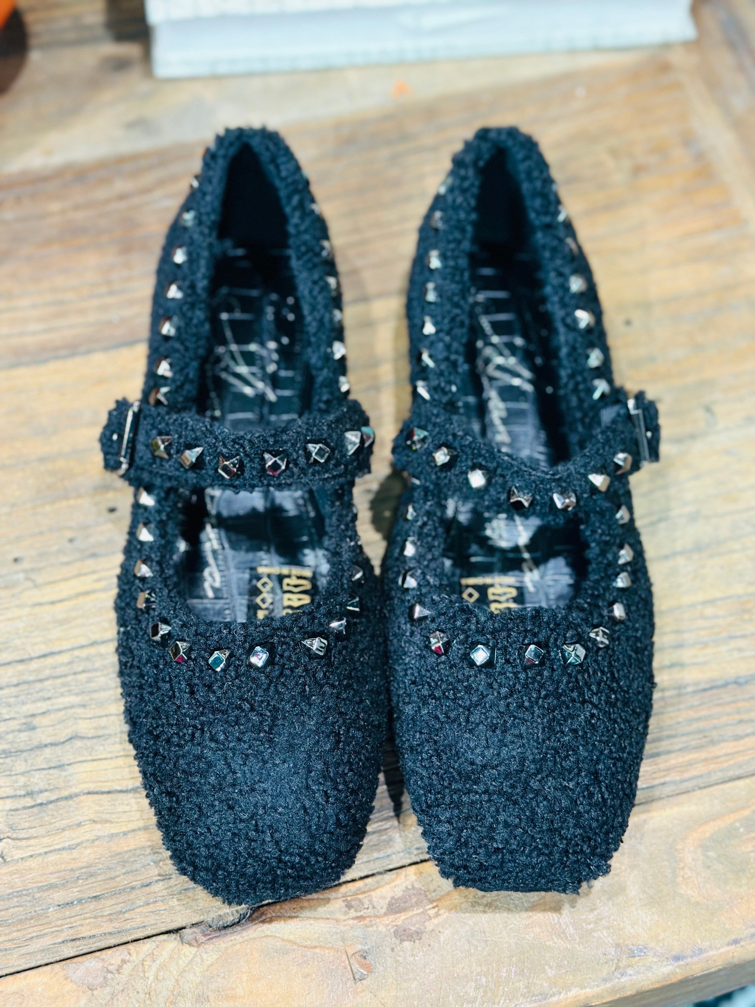 IMPRESS FLUFFY STUDDED MARY JANE FLATS-BLACK