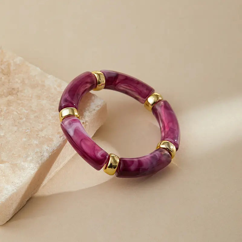 GOLD SECTIONED STRETCHY BRACELET-PLUM MARBLE