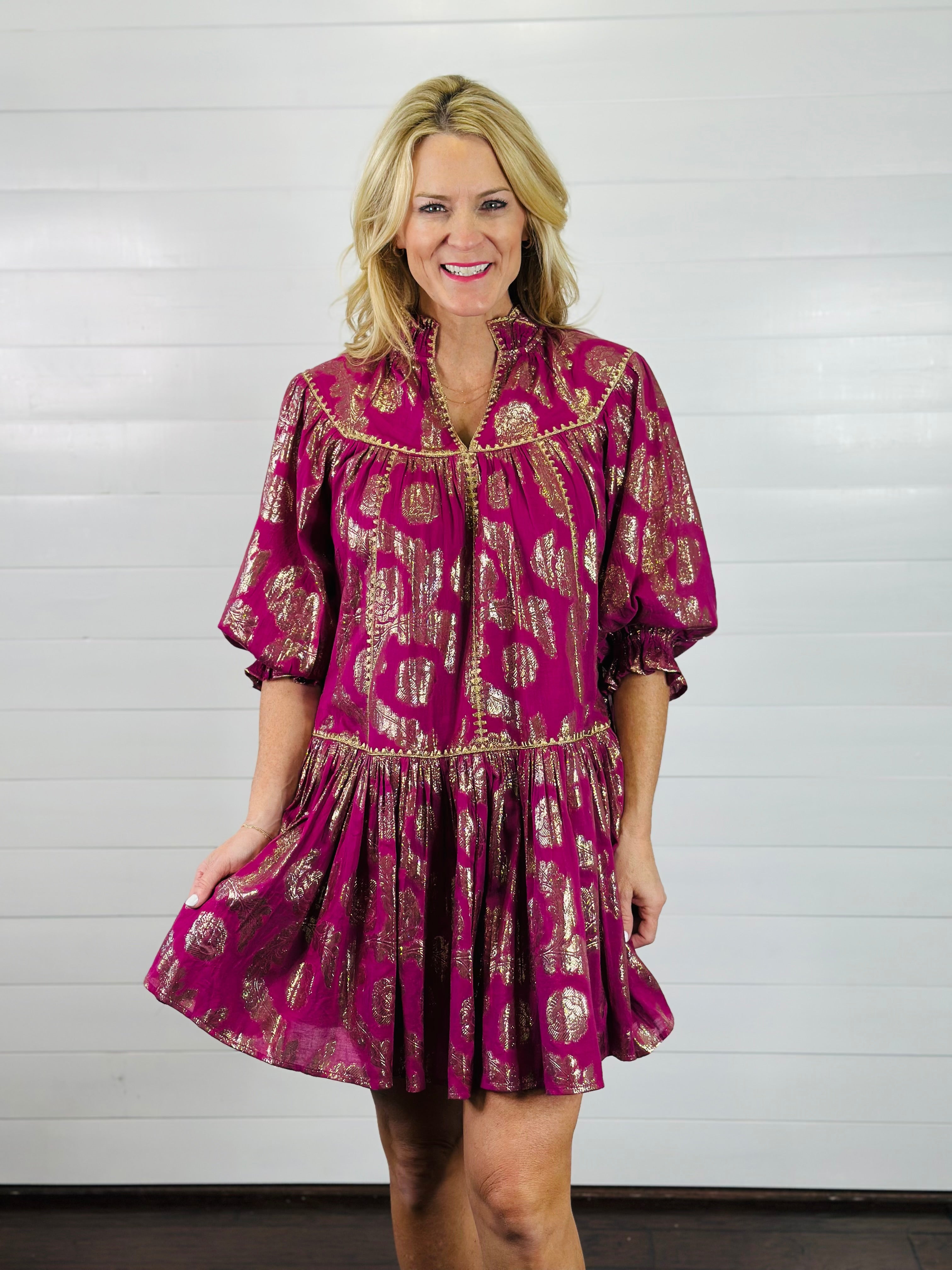 METALLIC ROSES SWING DRESS