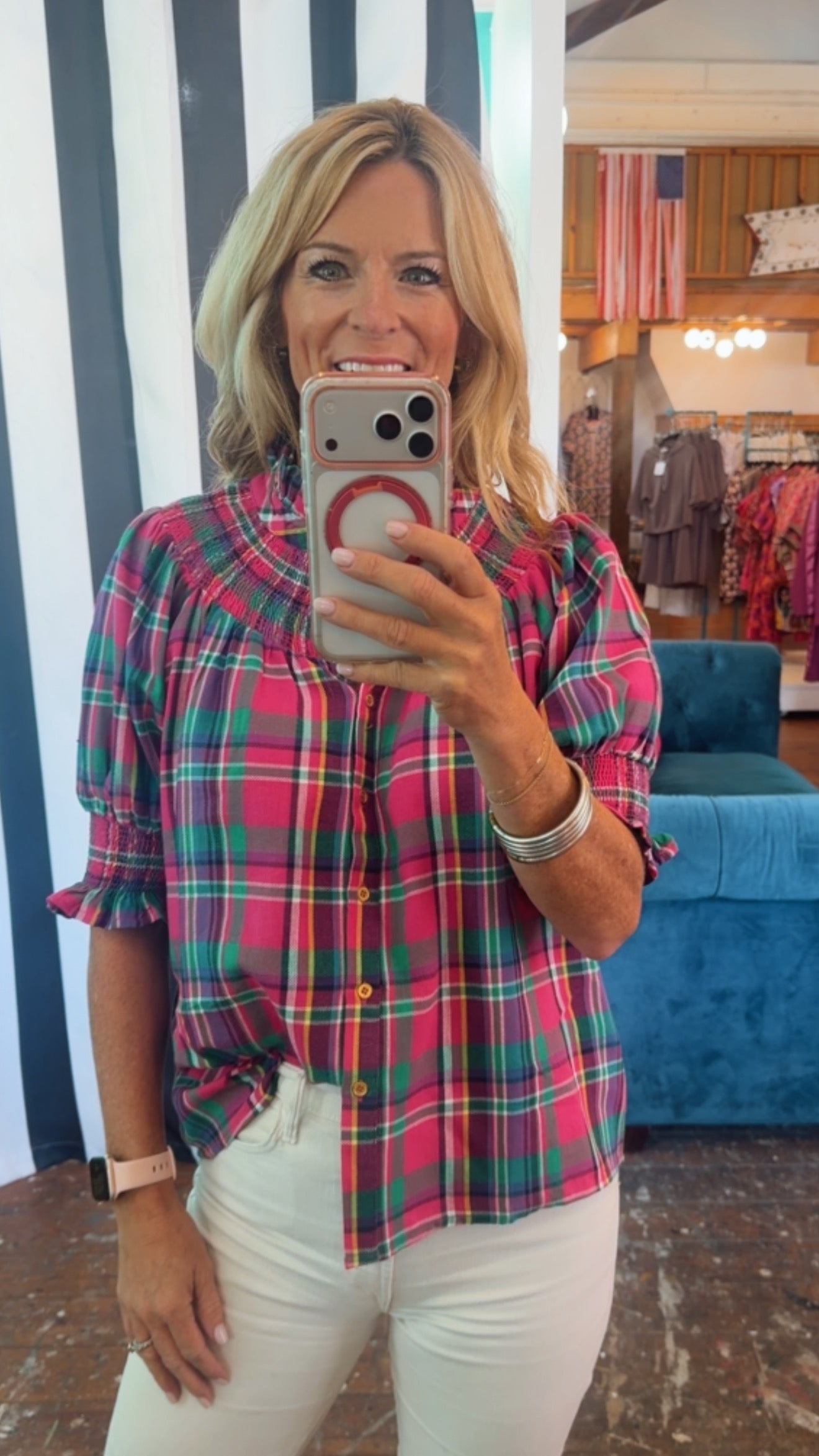 PLAID SMOCKED YOKE BLOUSE