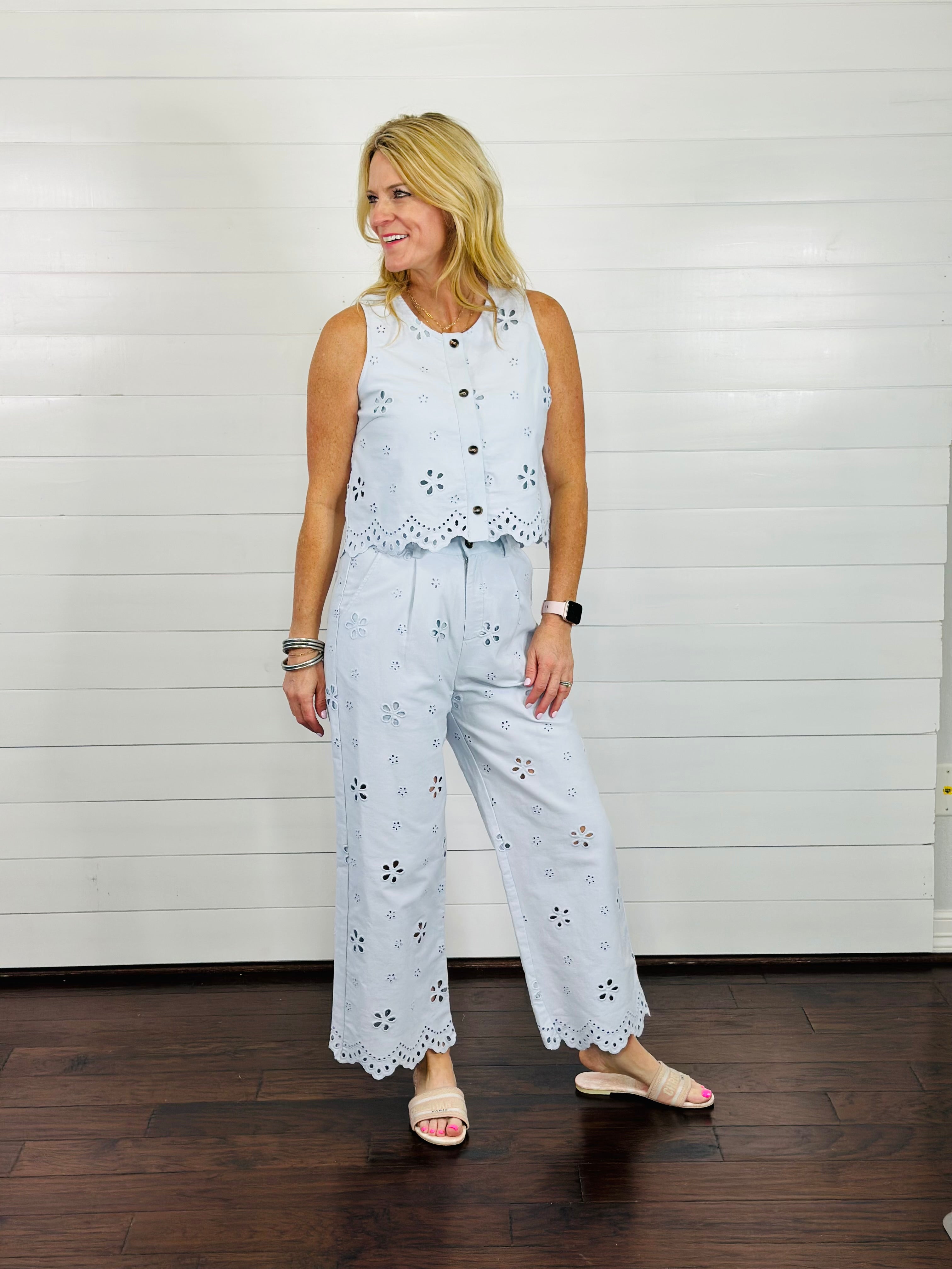 EYE CATCHING EYELET PANTS