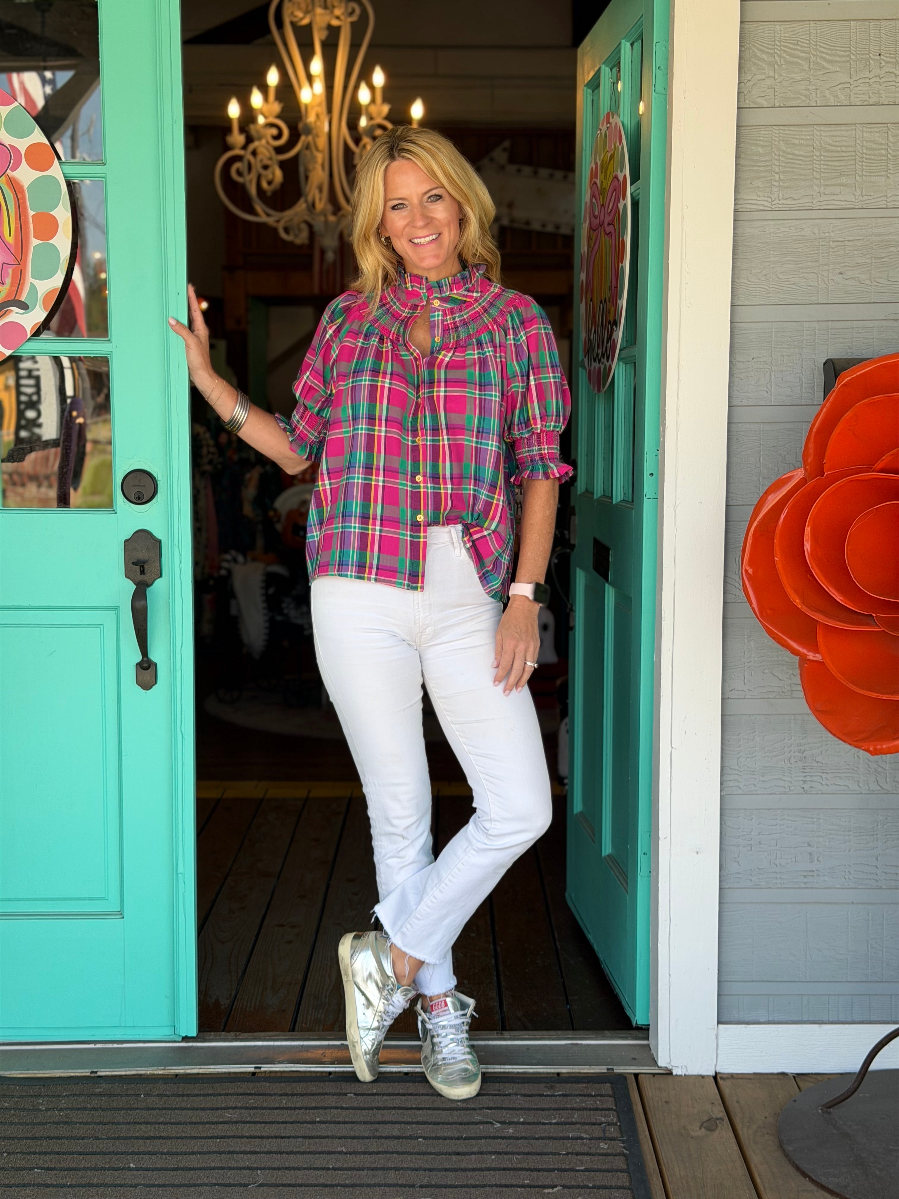 PLAID SMOCKED YOKE BLOUSE