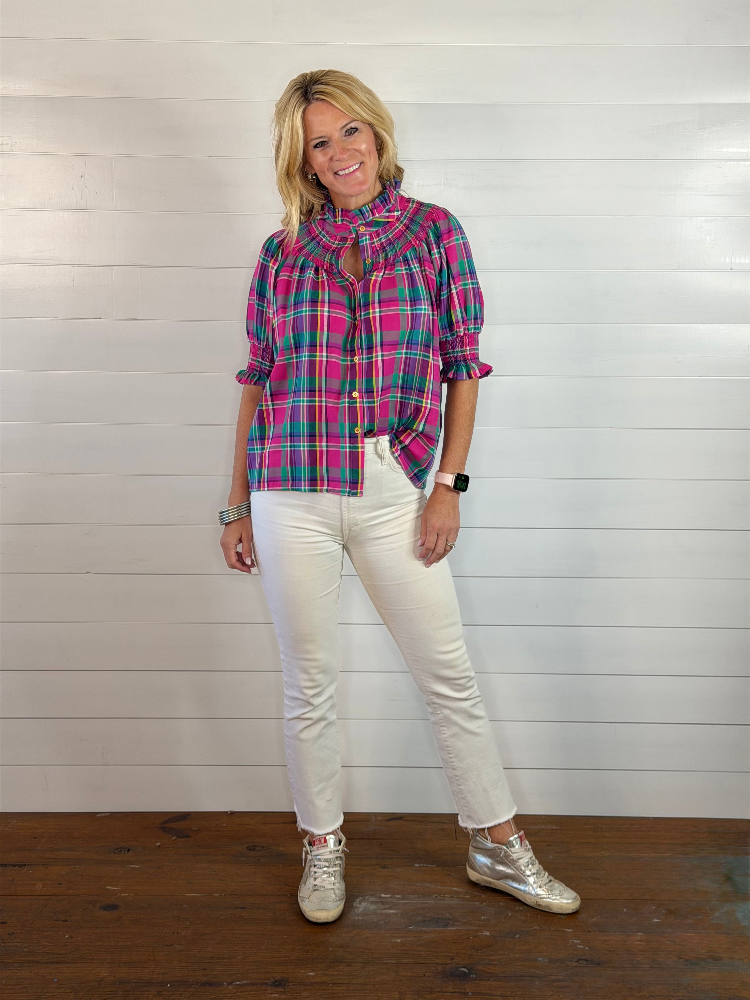 PLAID SMOCKED YOKE BLOUSE