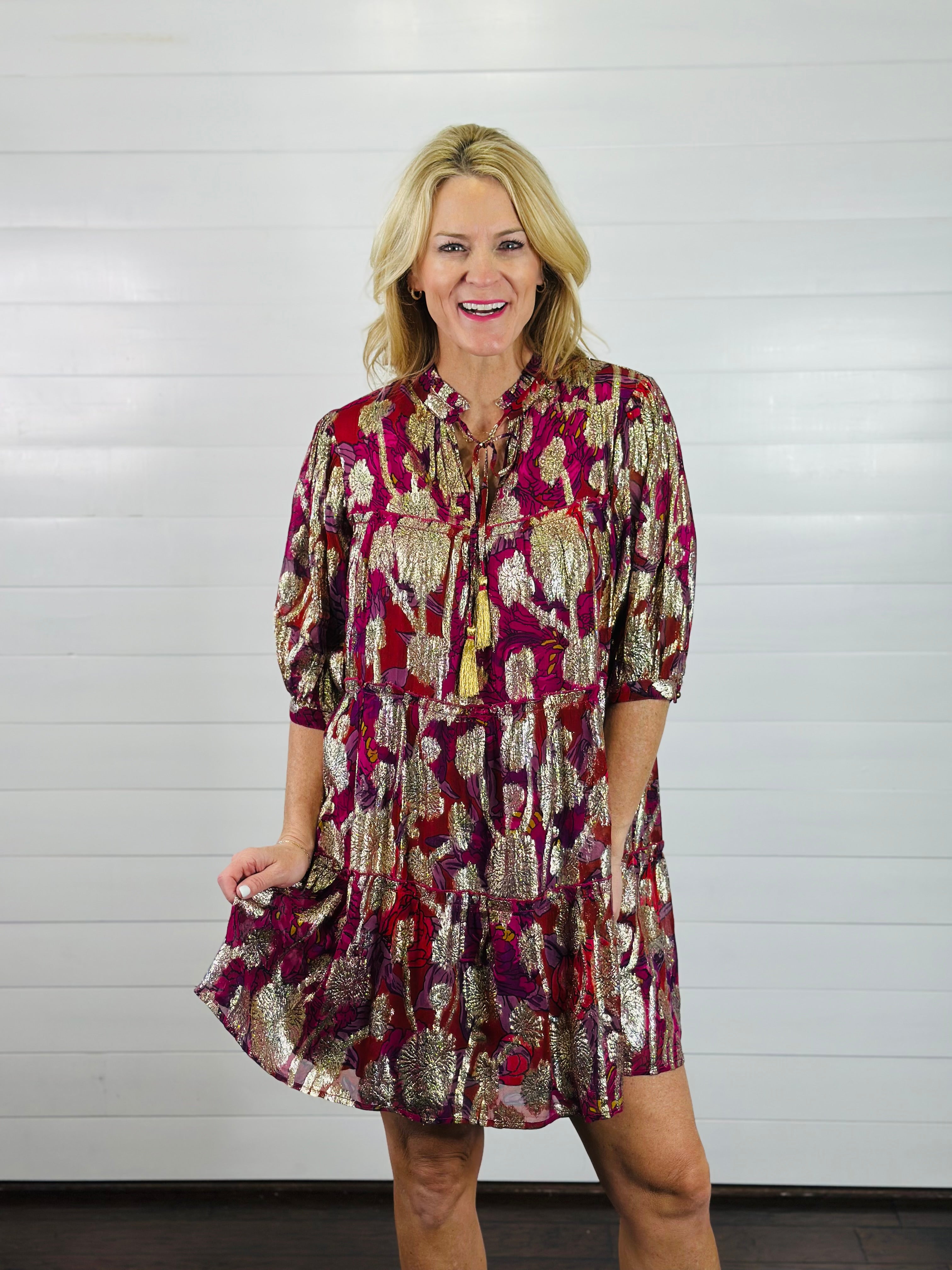 METALLIC PRINT TIERED DRESS