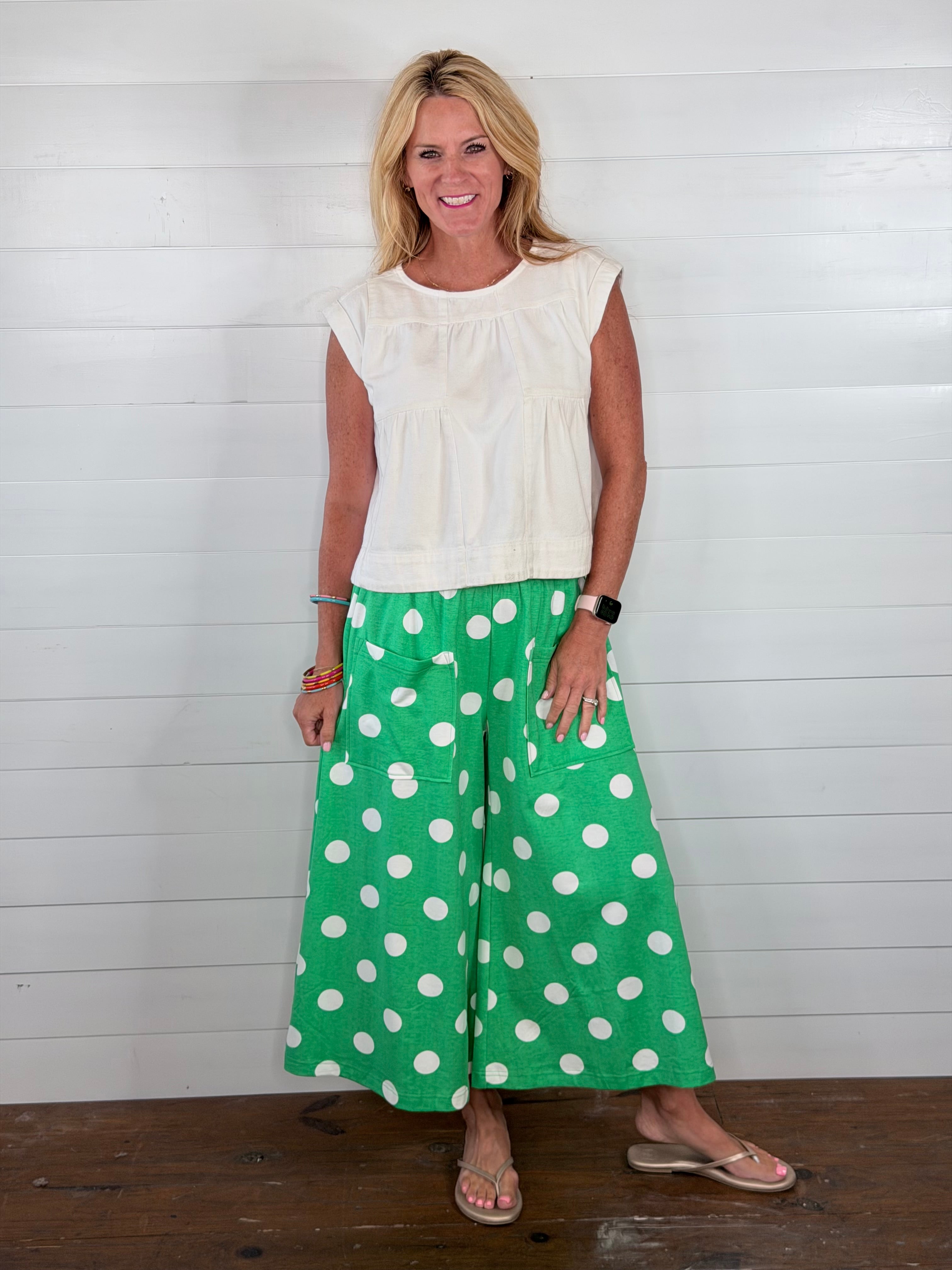 DOTTED WIDE LEG PANT-GREEN