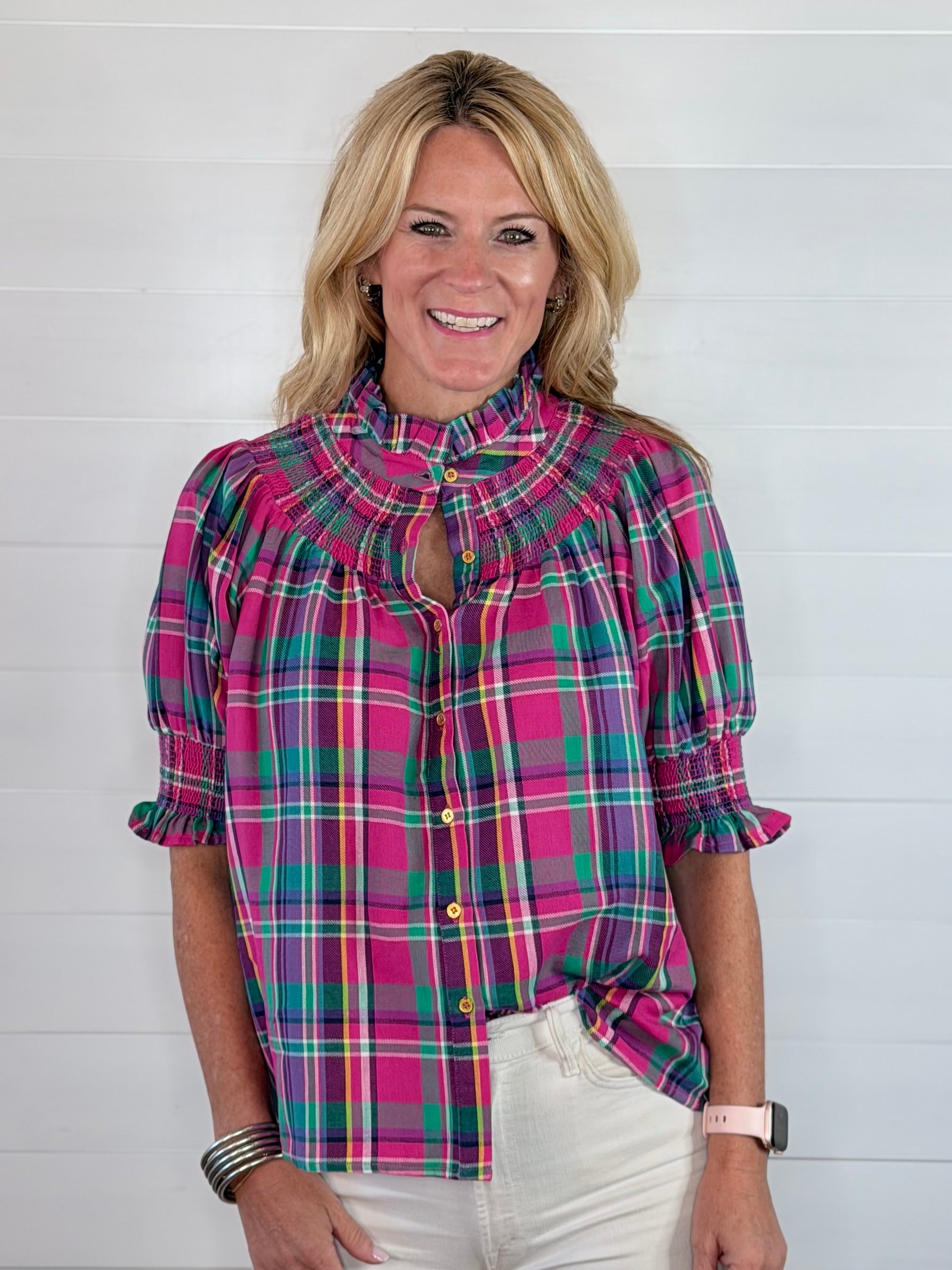 PLAID SMOCKED YOKE BLOUSE