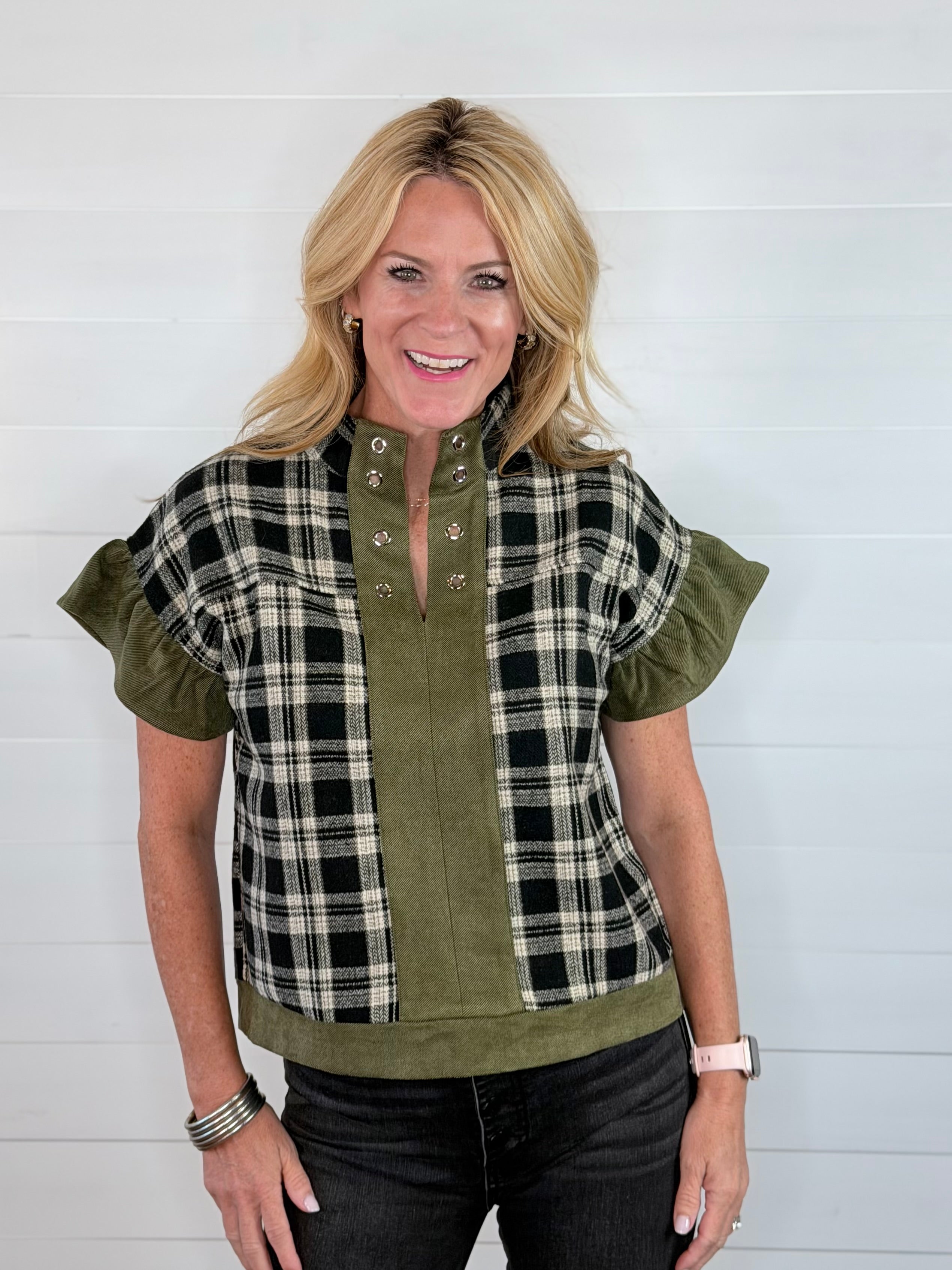 PERI PLAID TOP-OLIVE