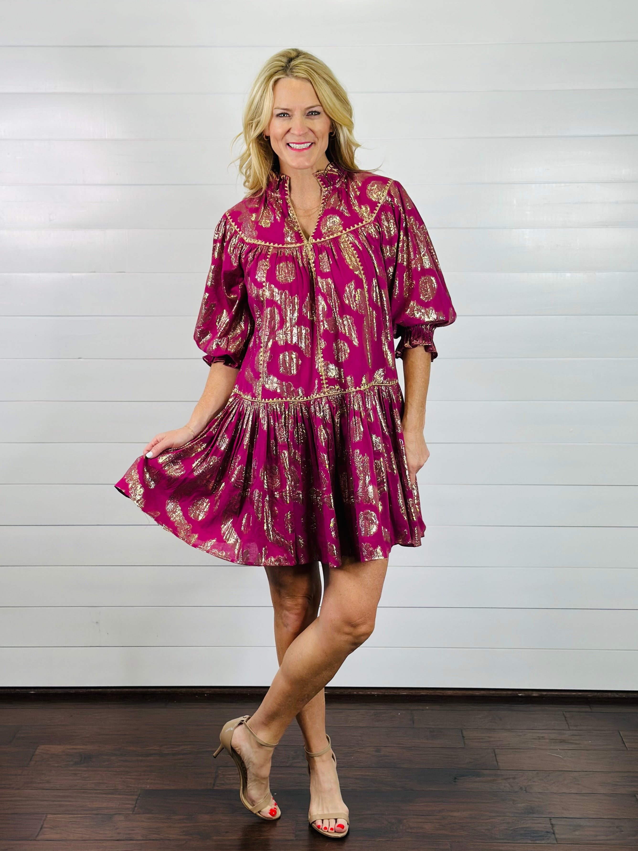 METALLIC ROSES SWING DRESS